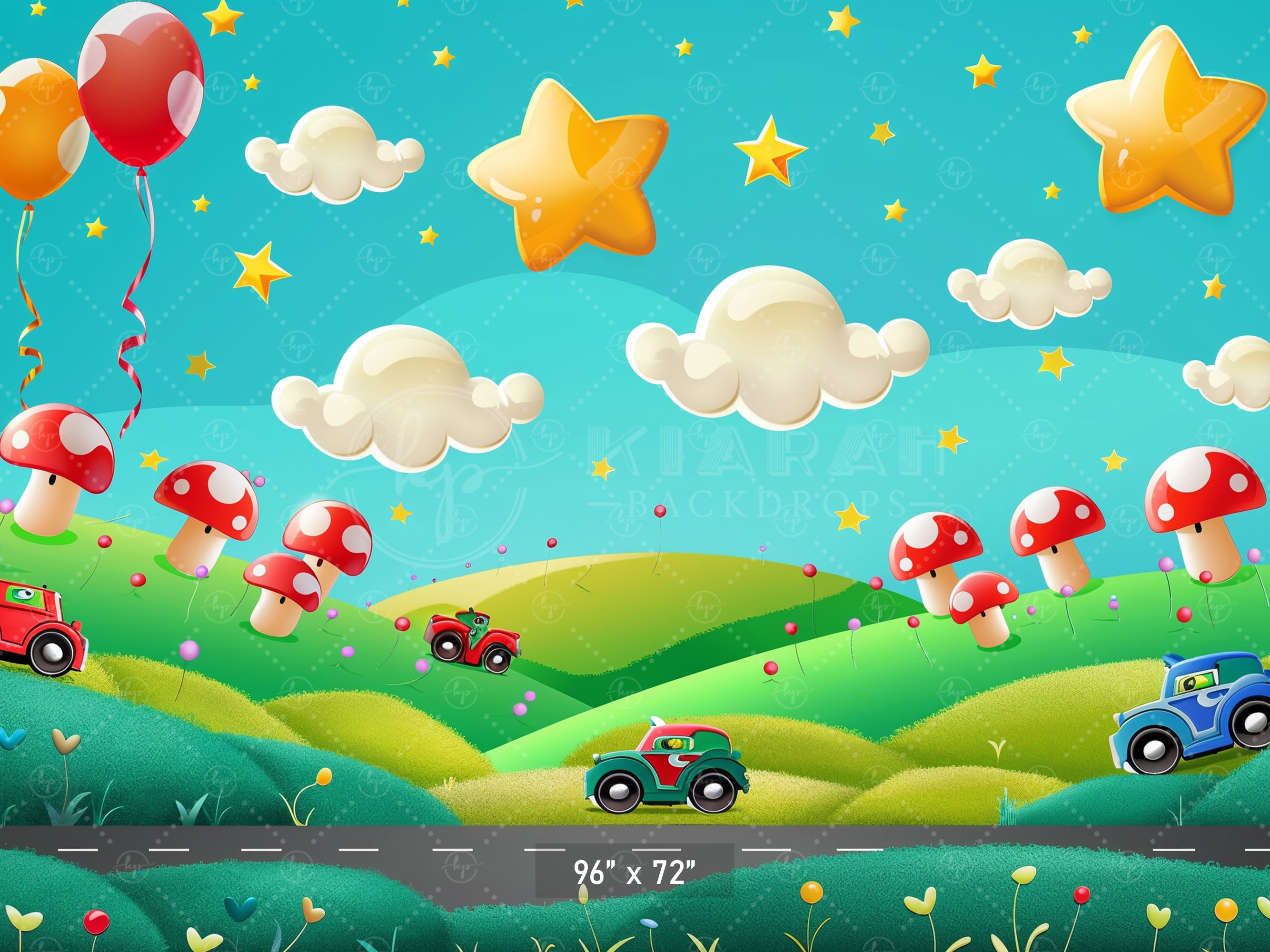 Whimsical Cartoon Landscape Cars and Stars Backdrop