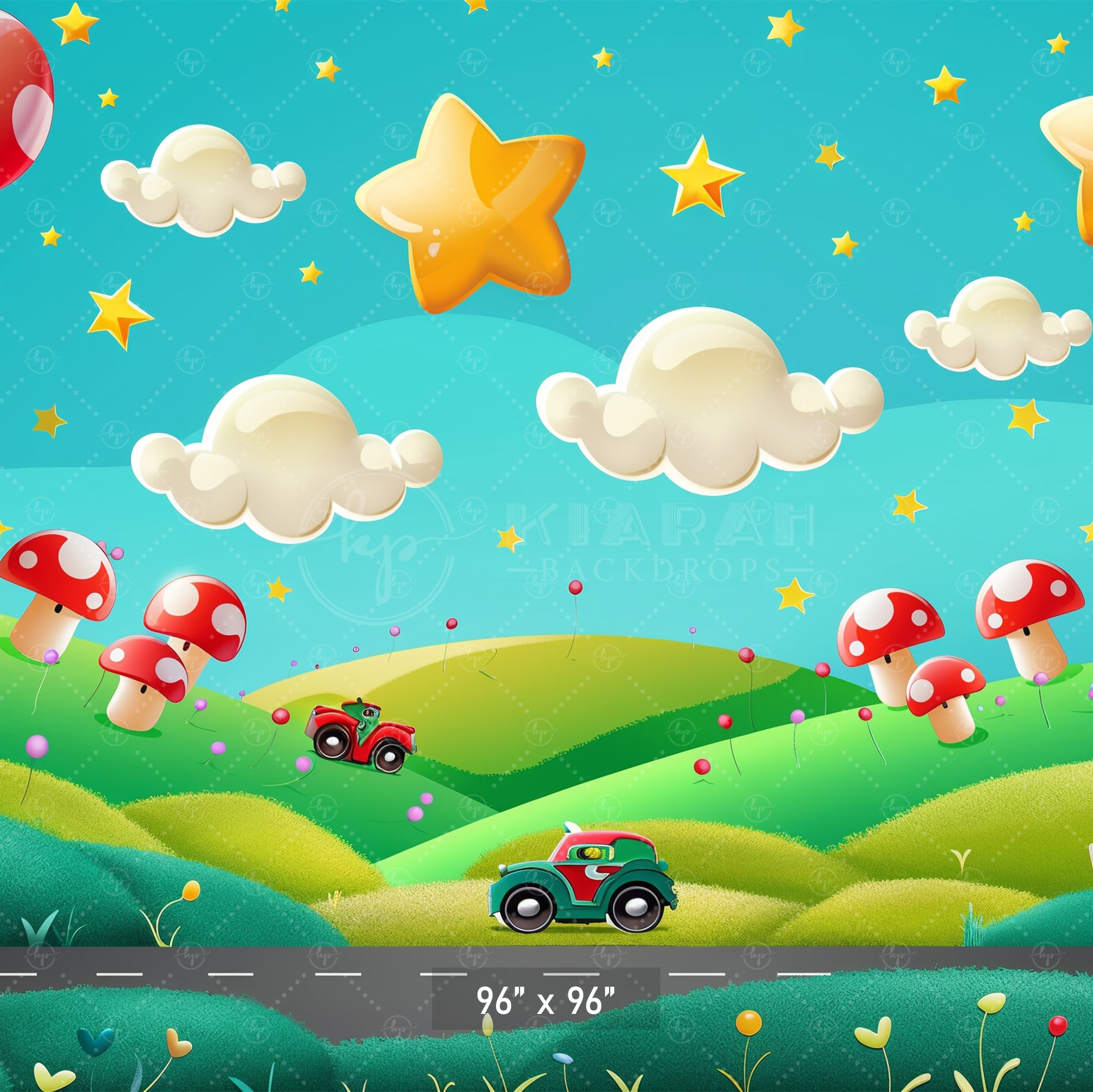 Whimsical Cartoon Landscape Cars and Stars Backdrop