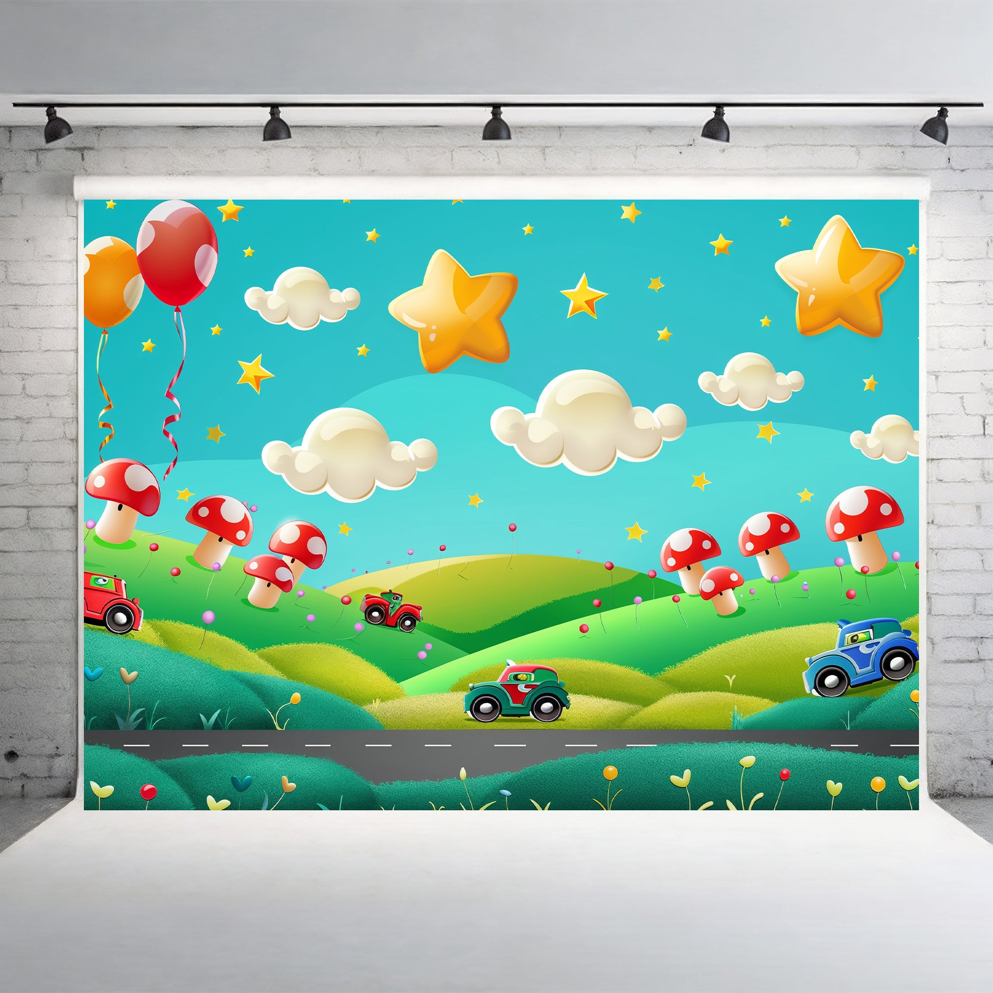 Whimsical Cartoon Landscape Cars and Stars Backdrop