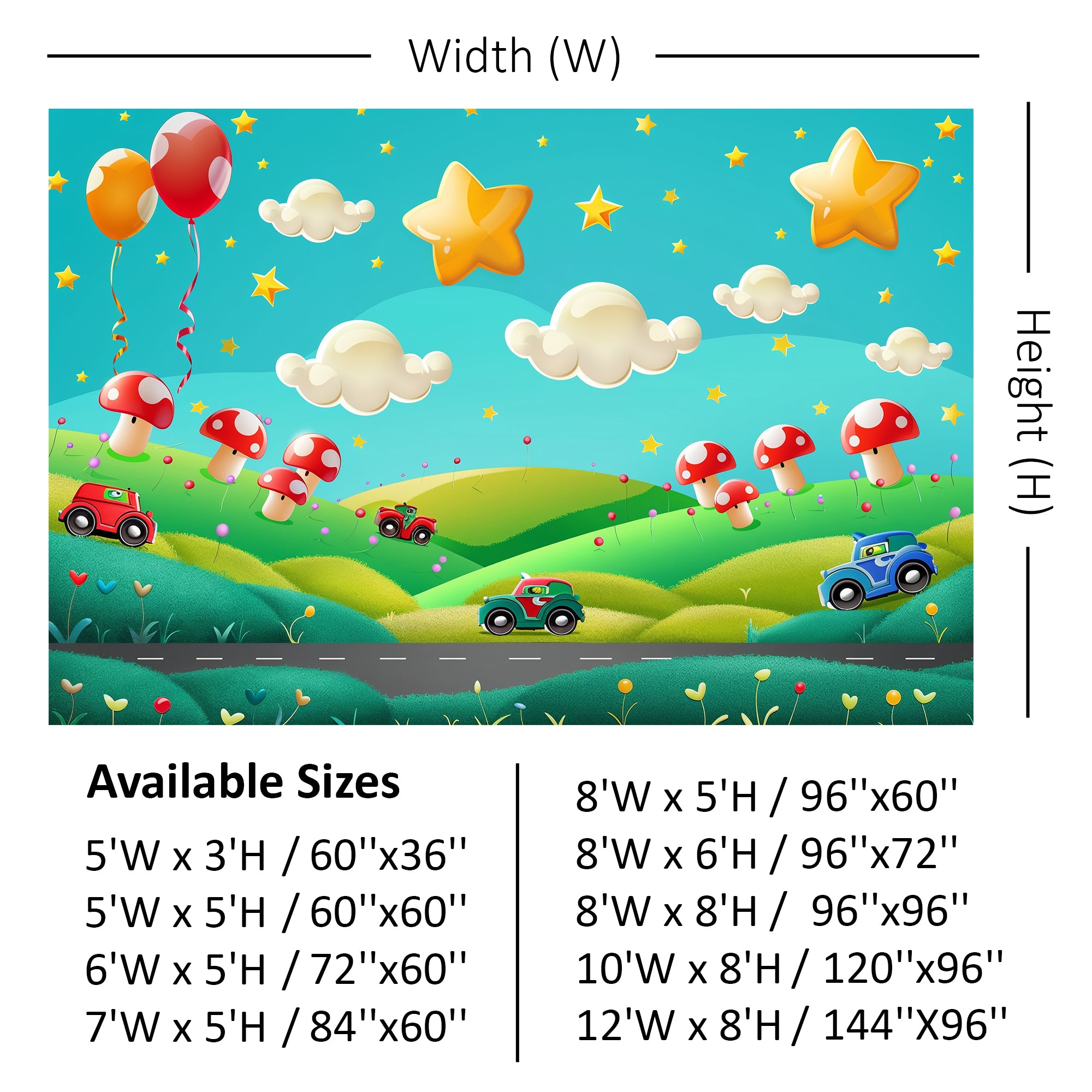 Whimsical Cartoon Landscape Cars and Stars Backdrop