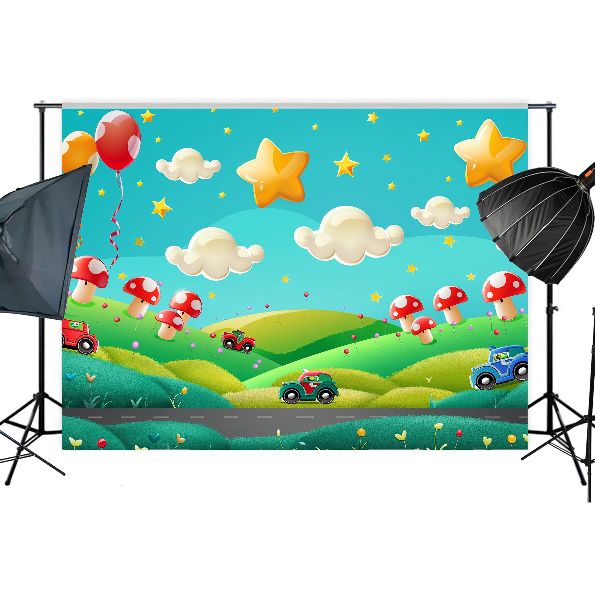 Whimsical Cartoon Landscape Cars and Stars Backdrop