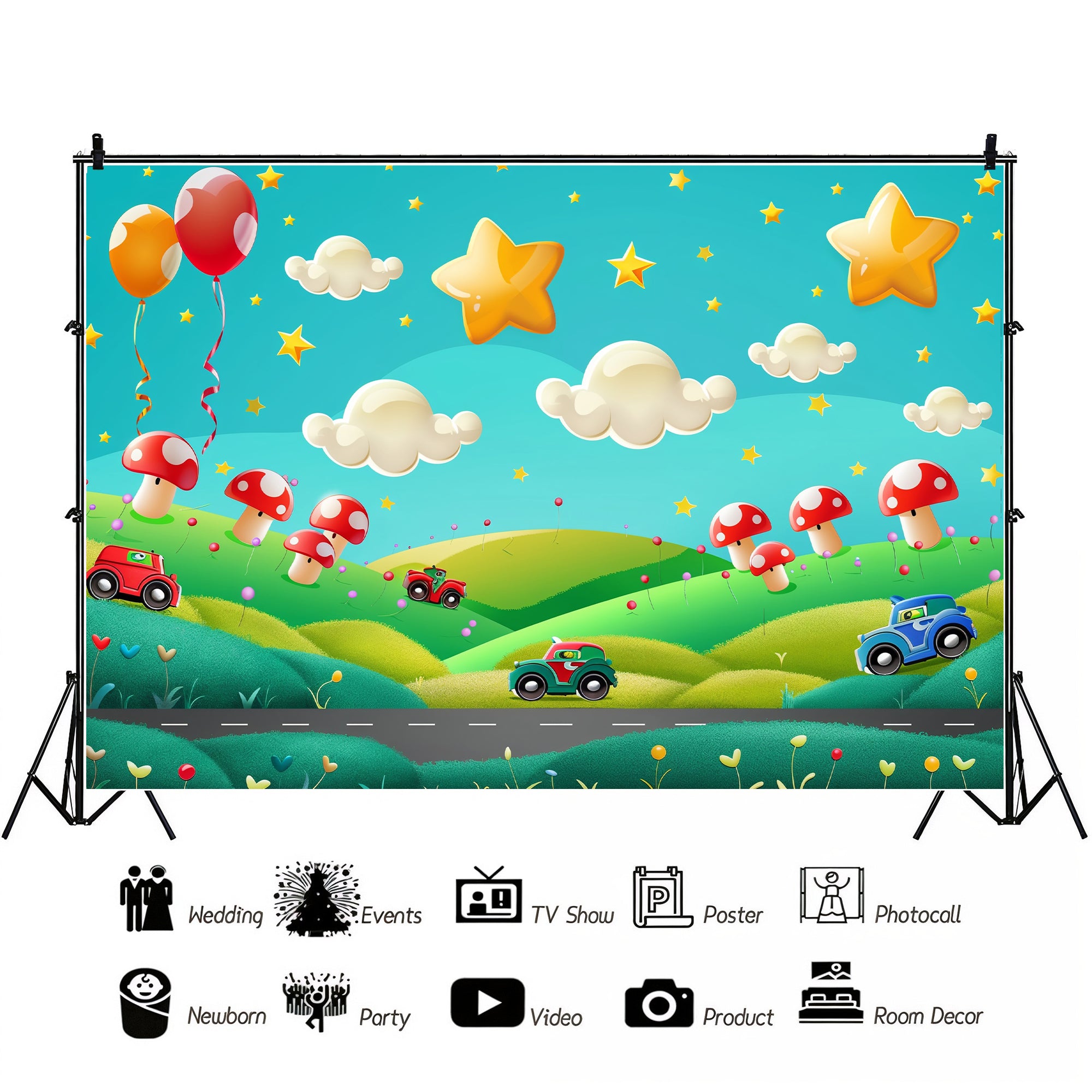 Whimsical Cartoon Landscape Cars and Stars Backdrop