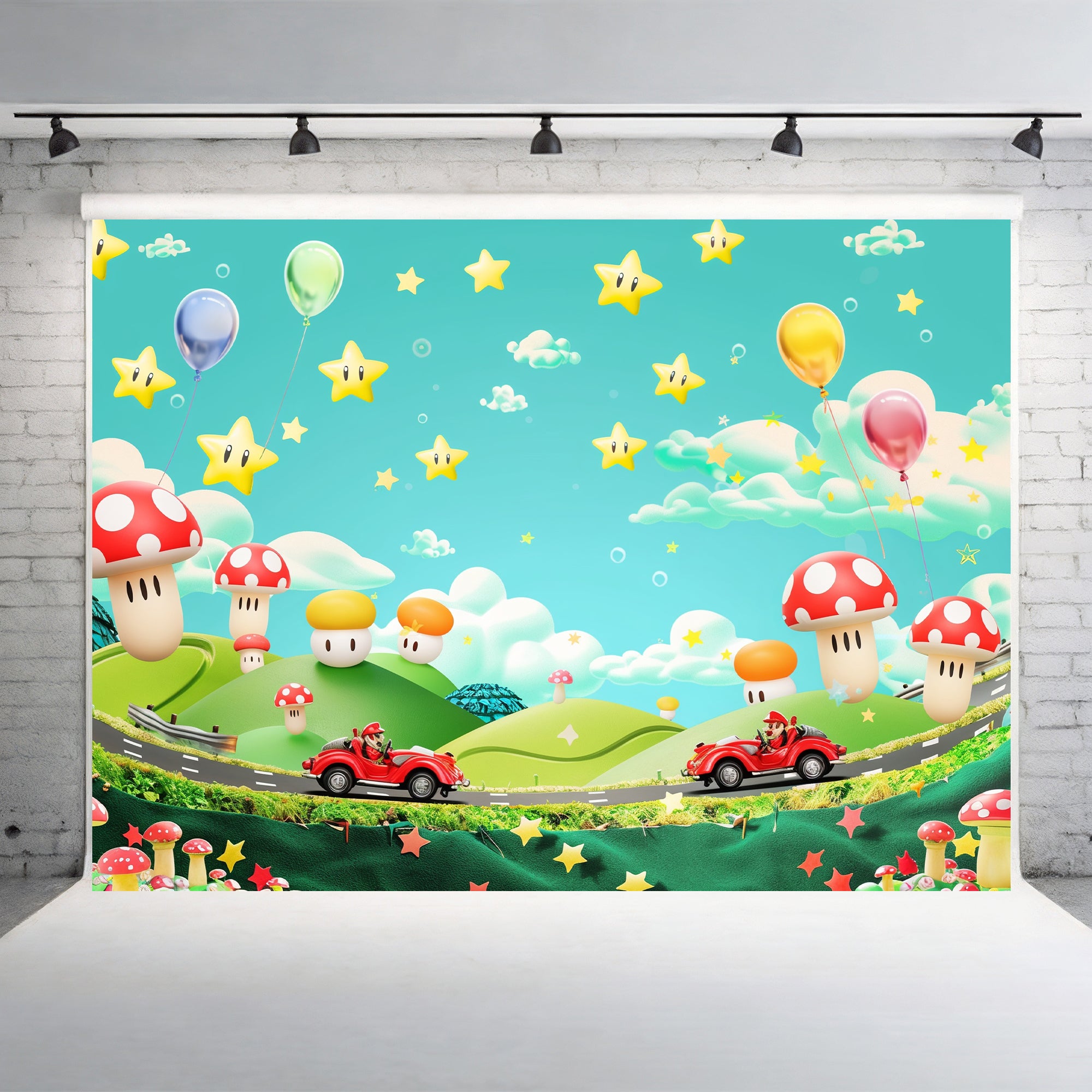 Fun Cartoon World of Stars and Mushrooms Backdrop