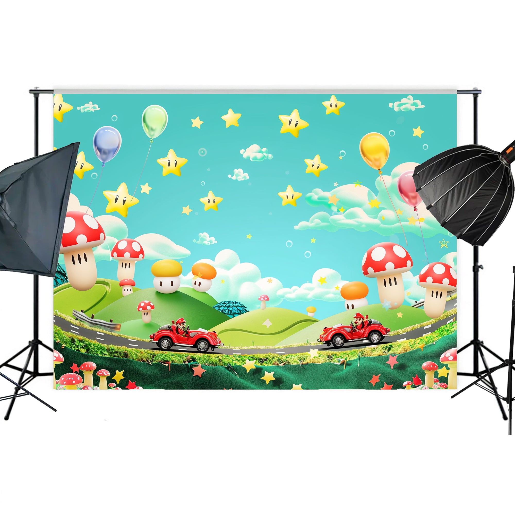 Fun Cartoon World of Stars and Mushrooms Backdrop
