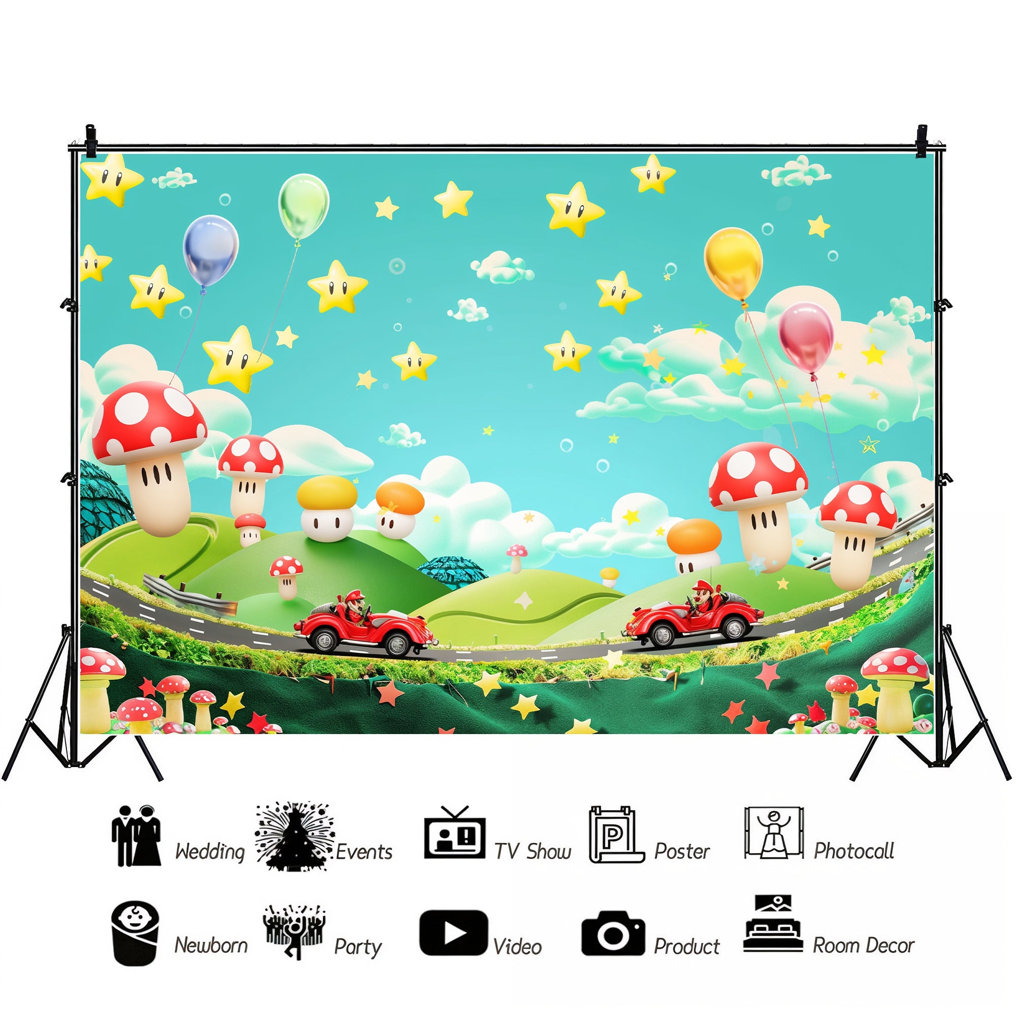 Fun Cartoon World of Stars and Mushrooms Backdrop