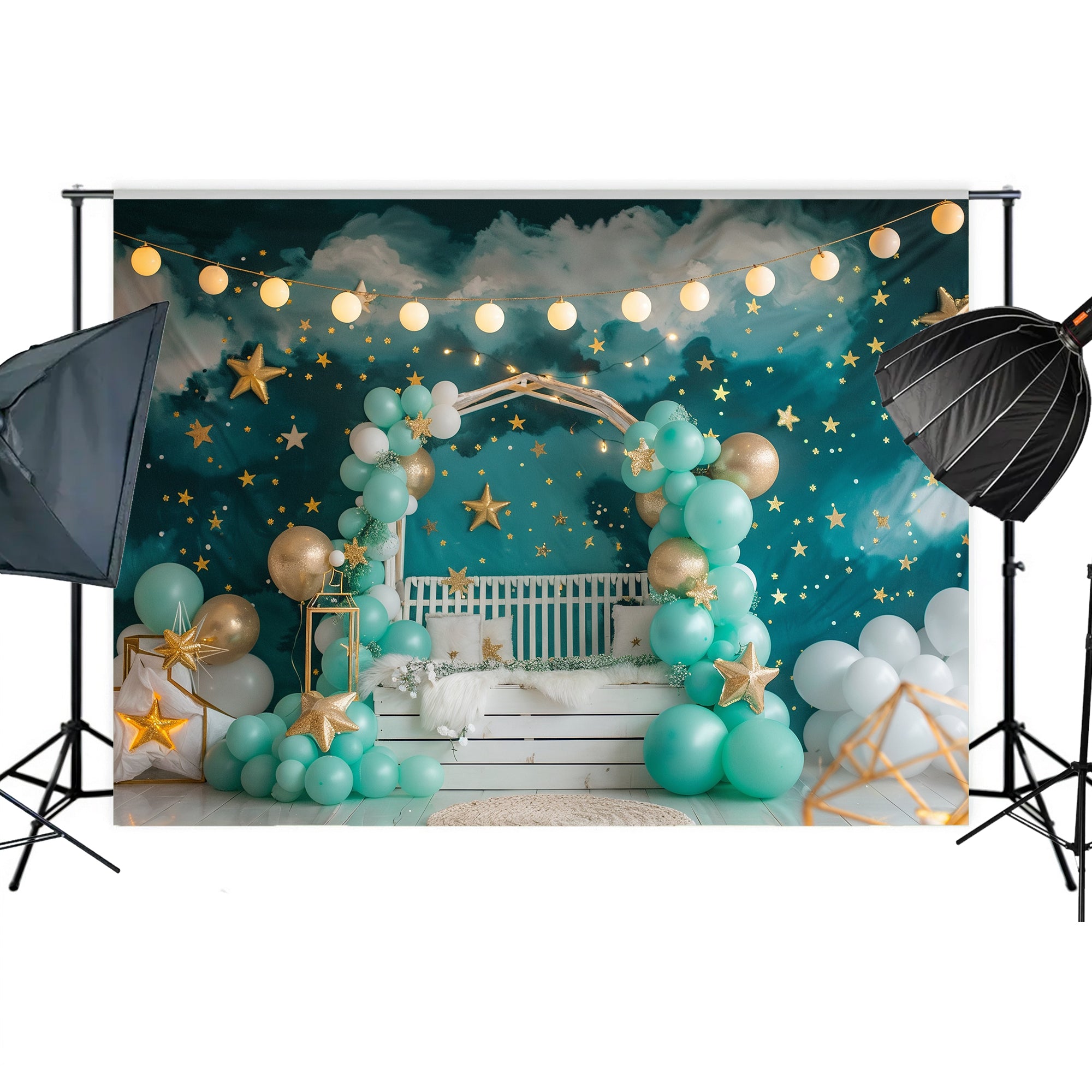 Dreamy Night Sky Stars and Balloons Backdrop
