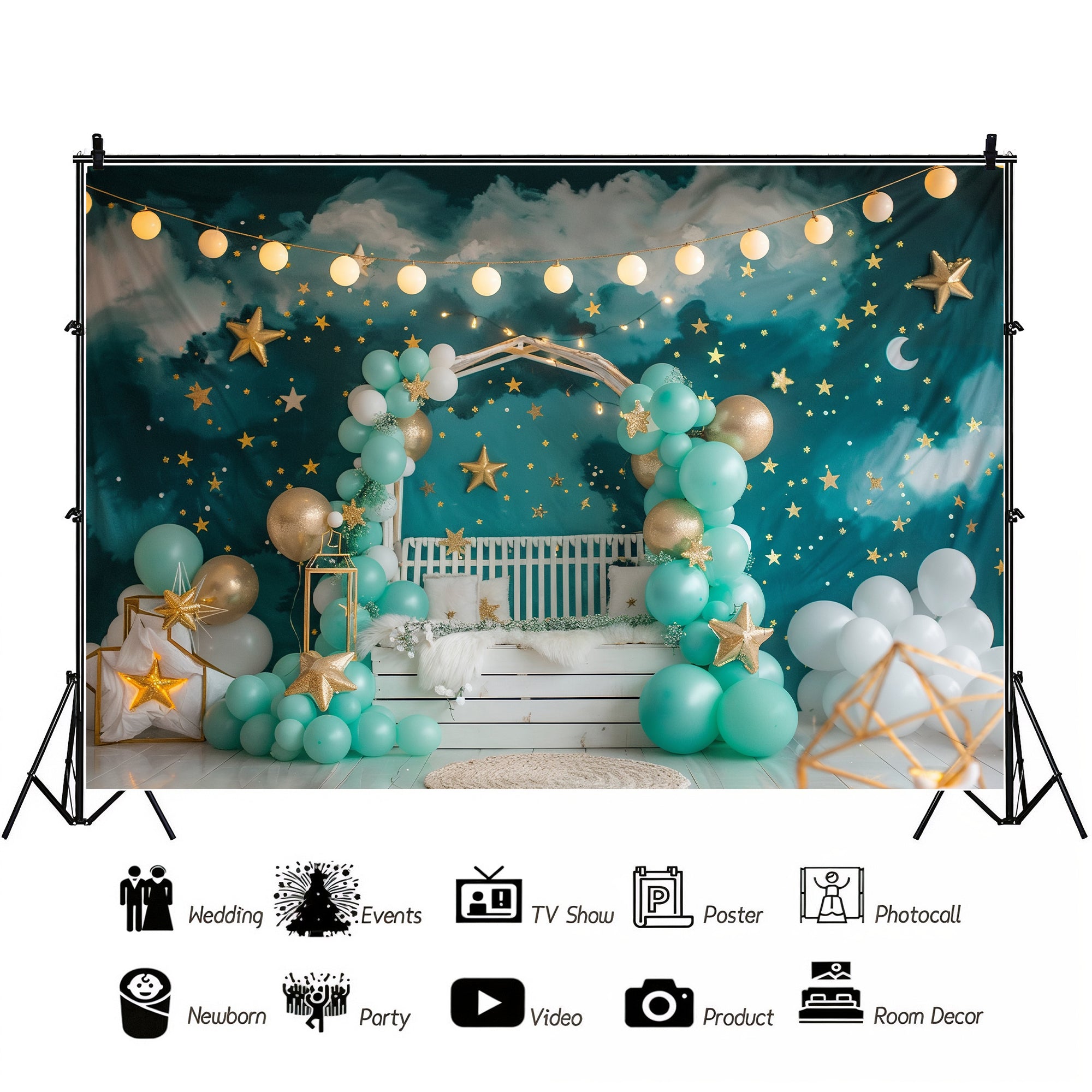 Dreamy Night Sky Stars and Balloons Backdrop