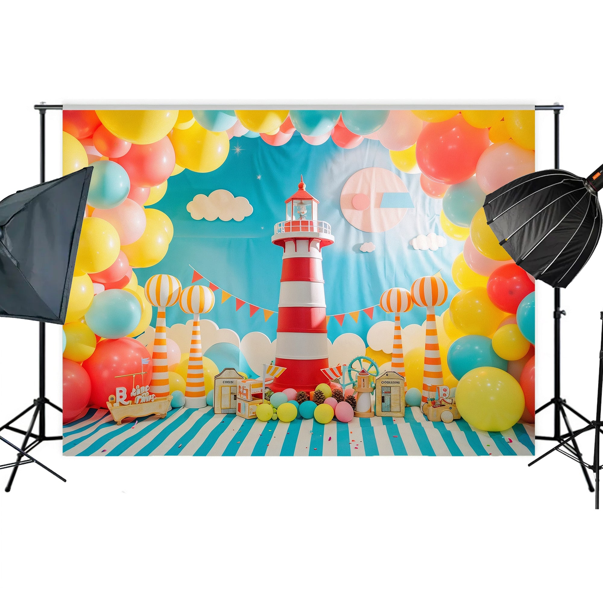 Vibrant Nautical Lighthouse Party Backdrop
