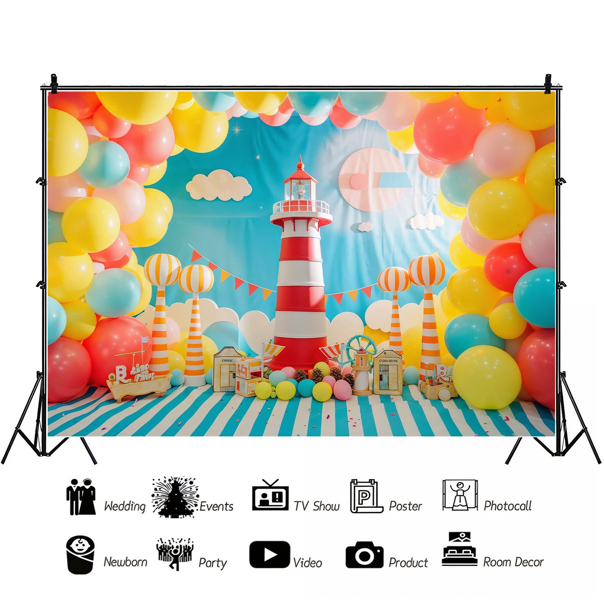 Vibrant Nautical Lighthouse Party Backdrop