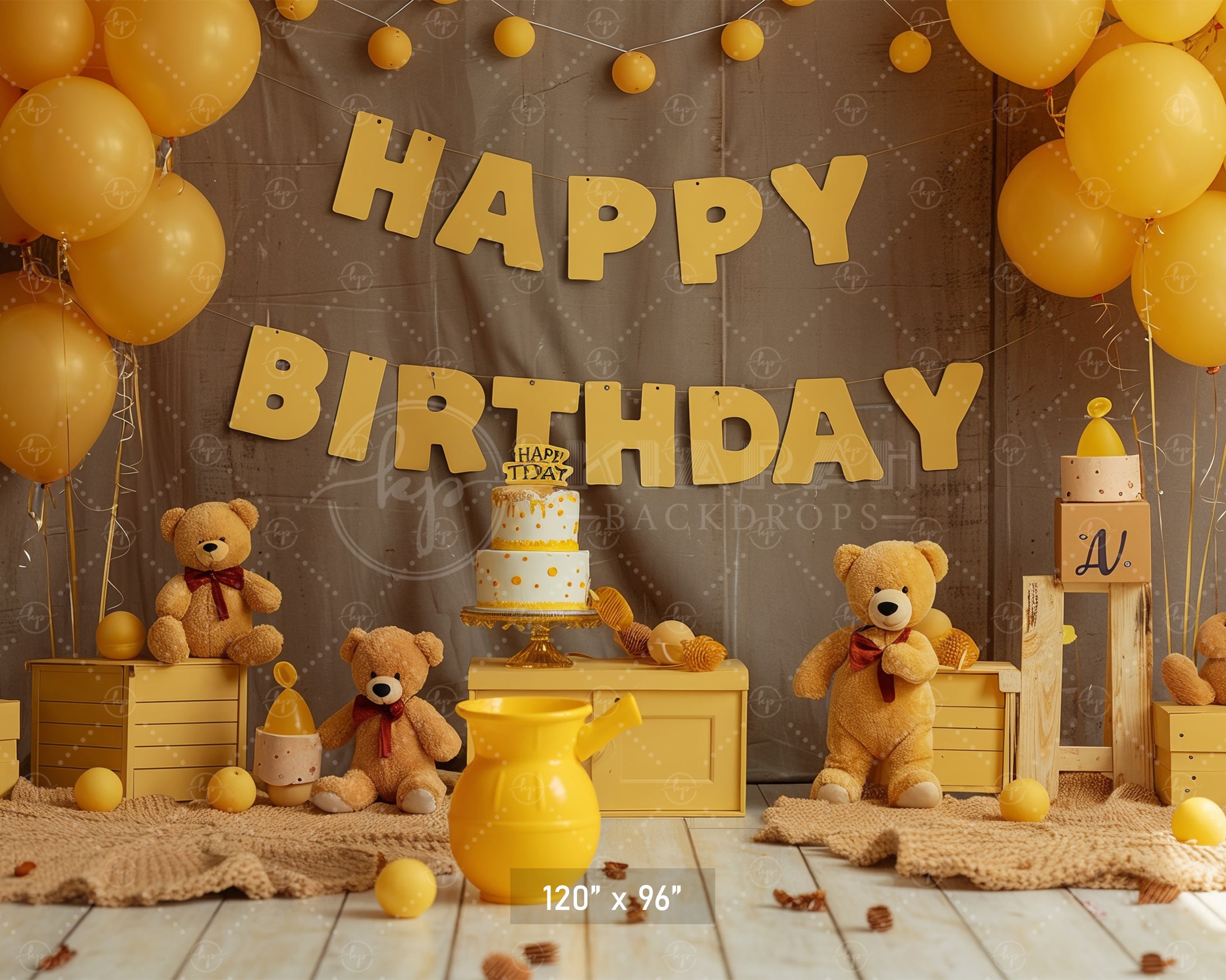 Golden Teddy Birthday Celebration Backdrop