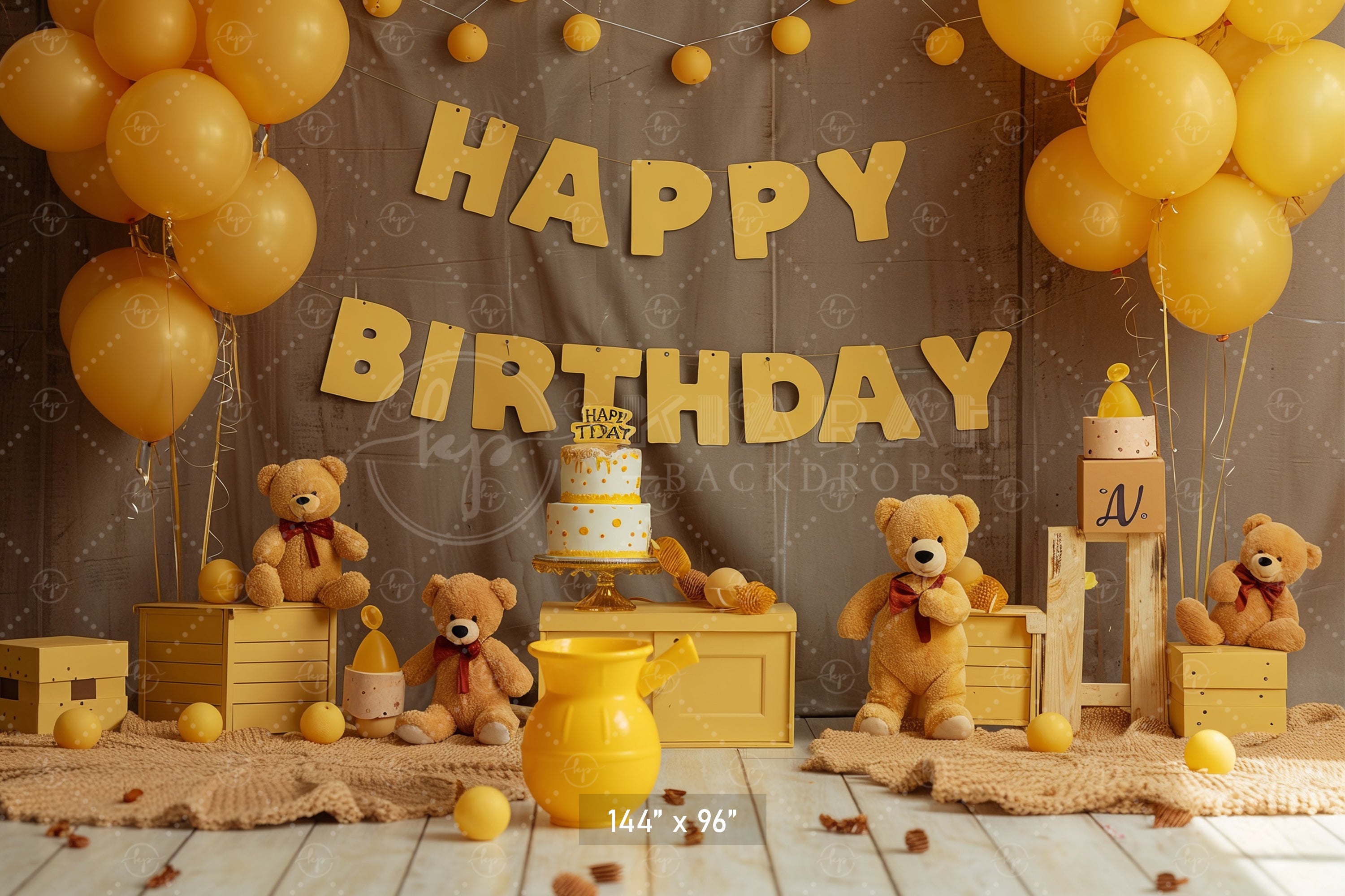Golden Teddy Birthday Celebration Backdrop