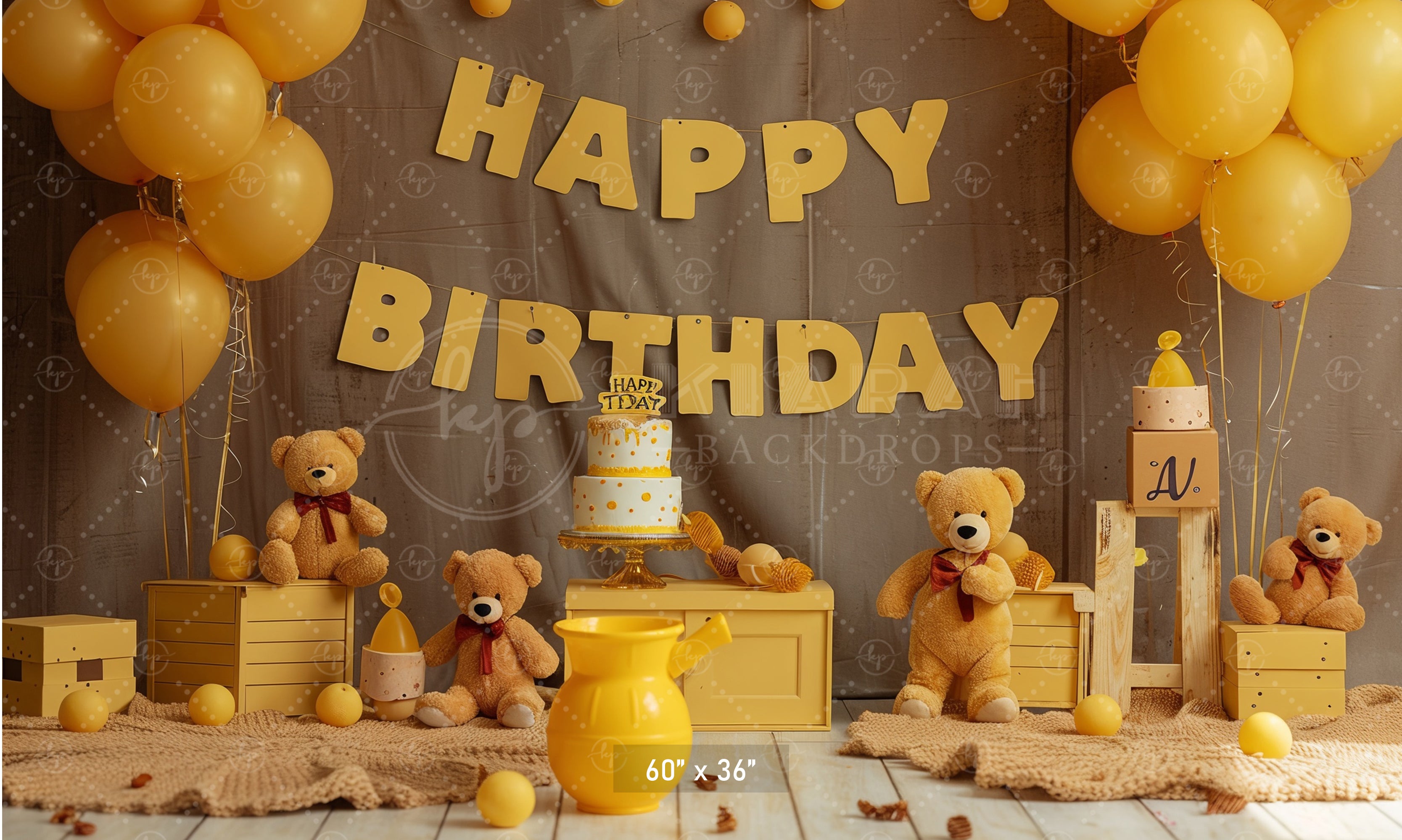 Golden Teddy Birthday Celebration Backdrop