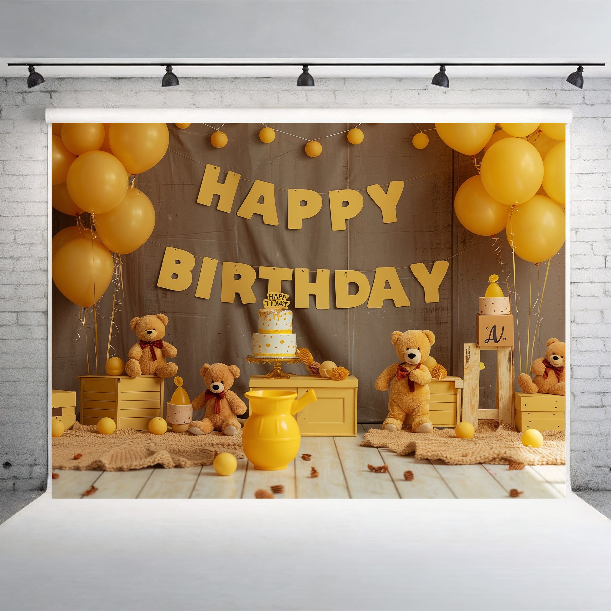 Golden Teddy Birthday Celebration Backdrop