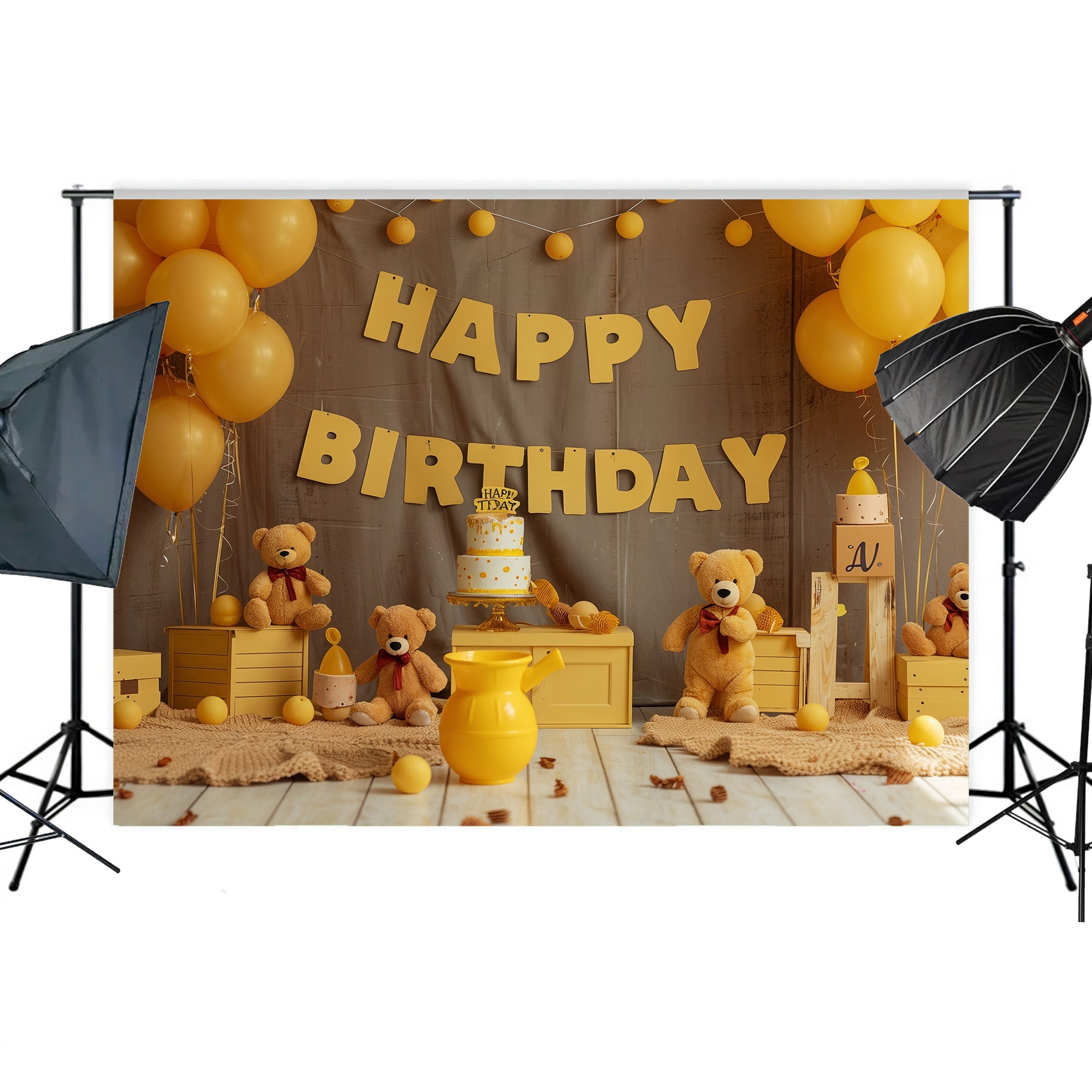 Golden Teddy Birthday Celebration Backdrop
