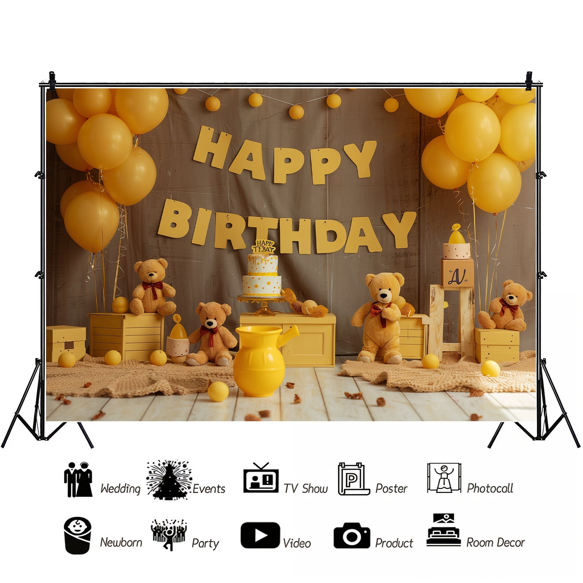 Golden Teddy Birthday Celebration Backdrop