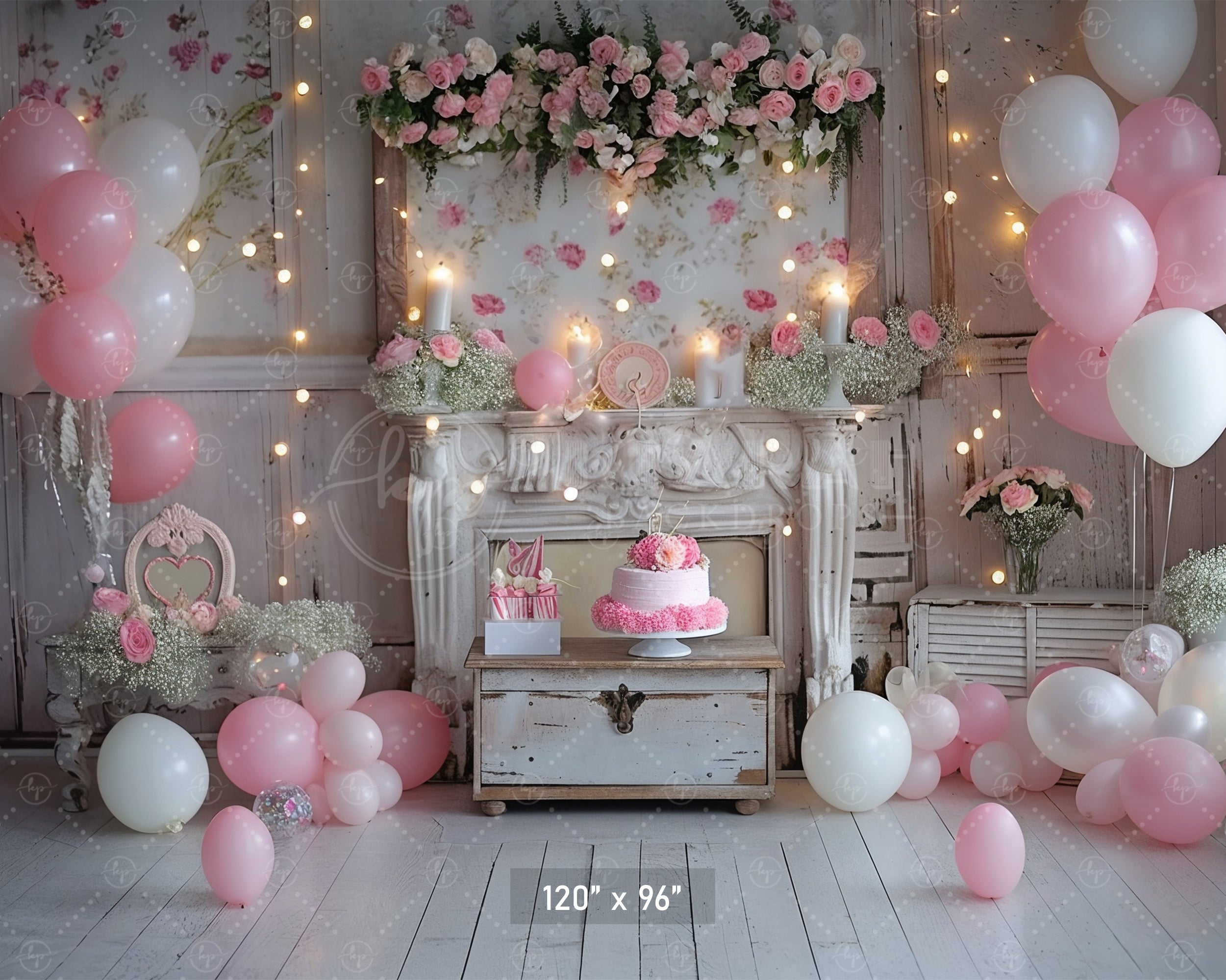 Romantic Pink Floral Fireplace Backdrop