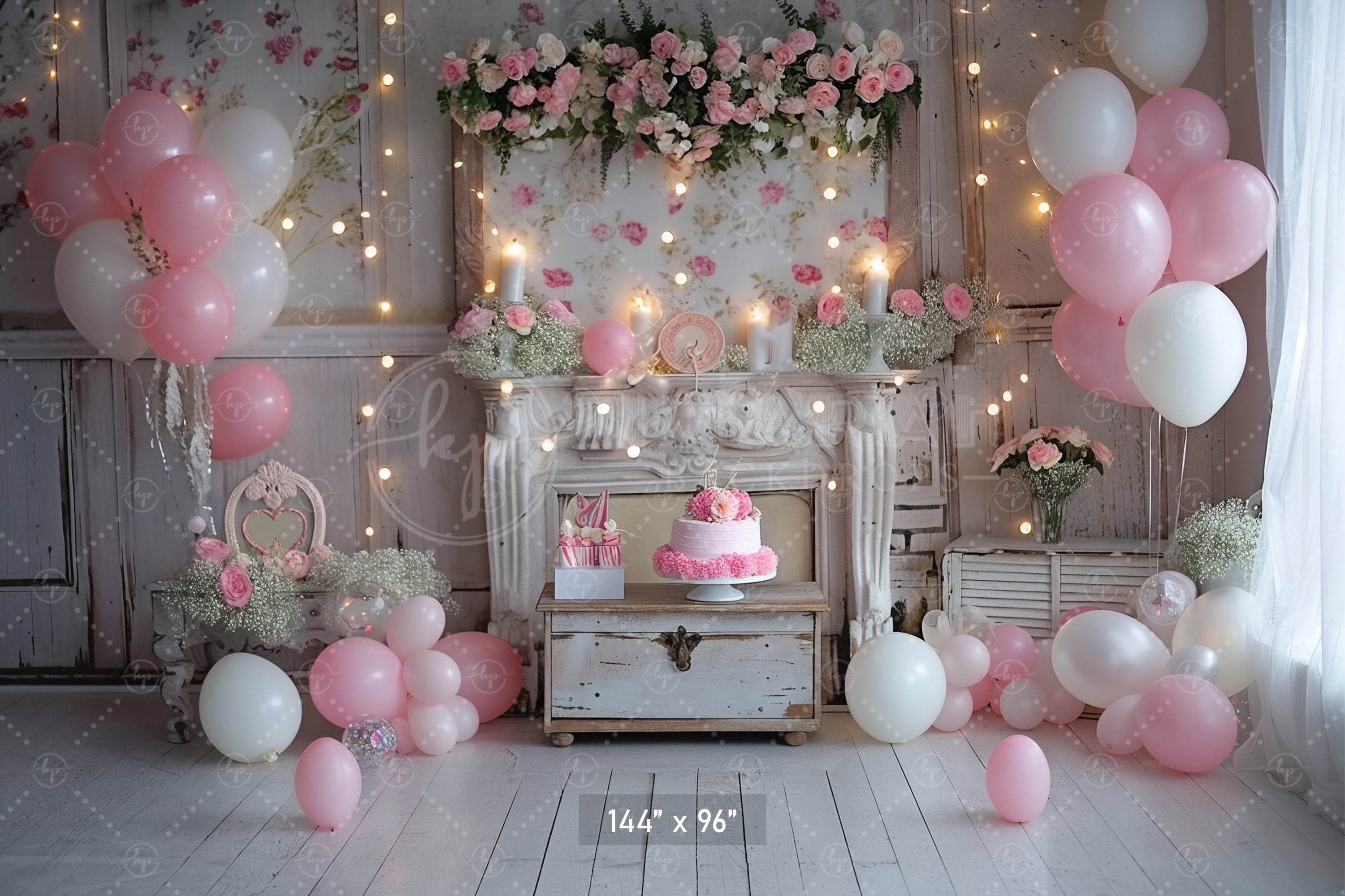 Romantic Pink Floral Fireplace Backdrop