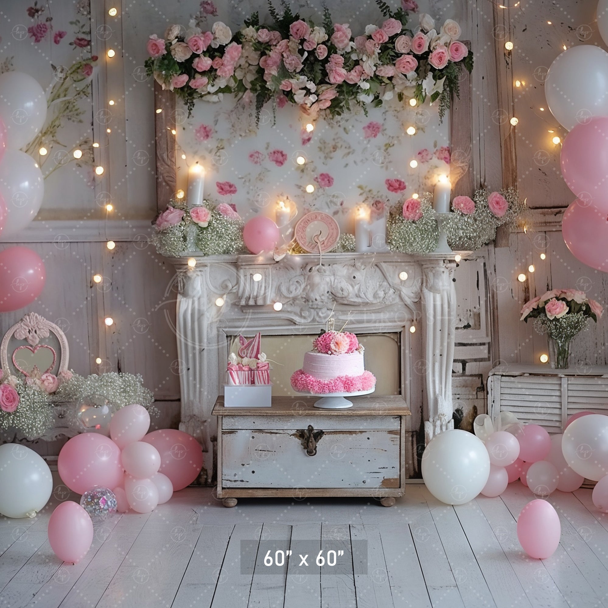 Romantic Pink Floral Fireplace Backdrop