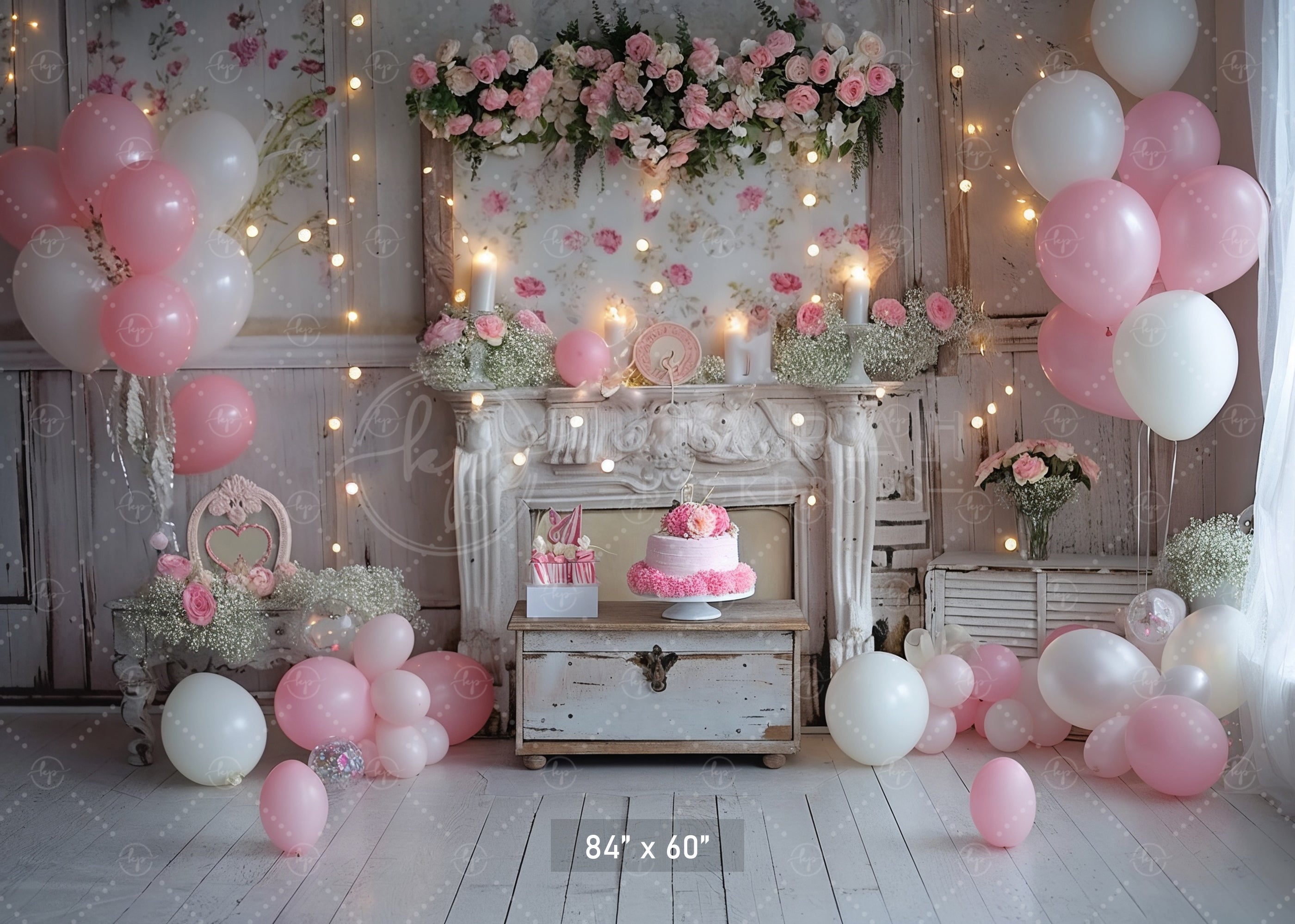 Romantic Pink Floral Fireplace Backdrop