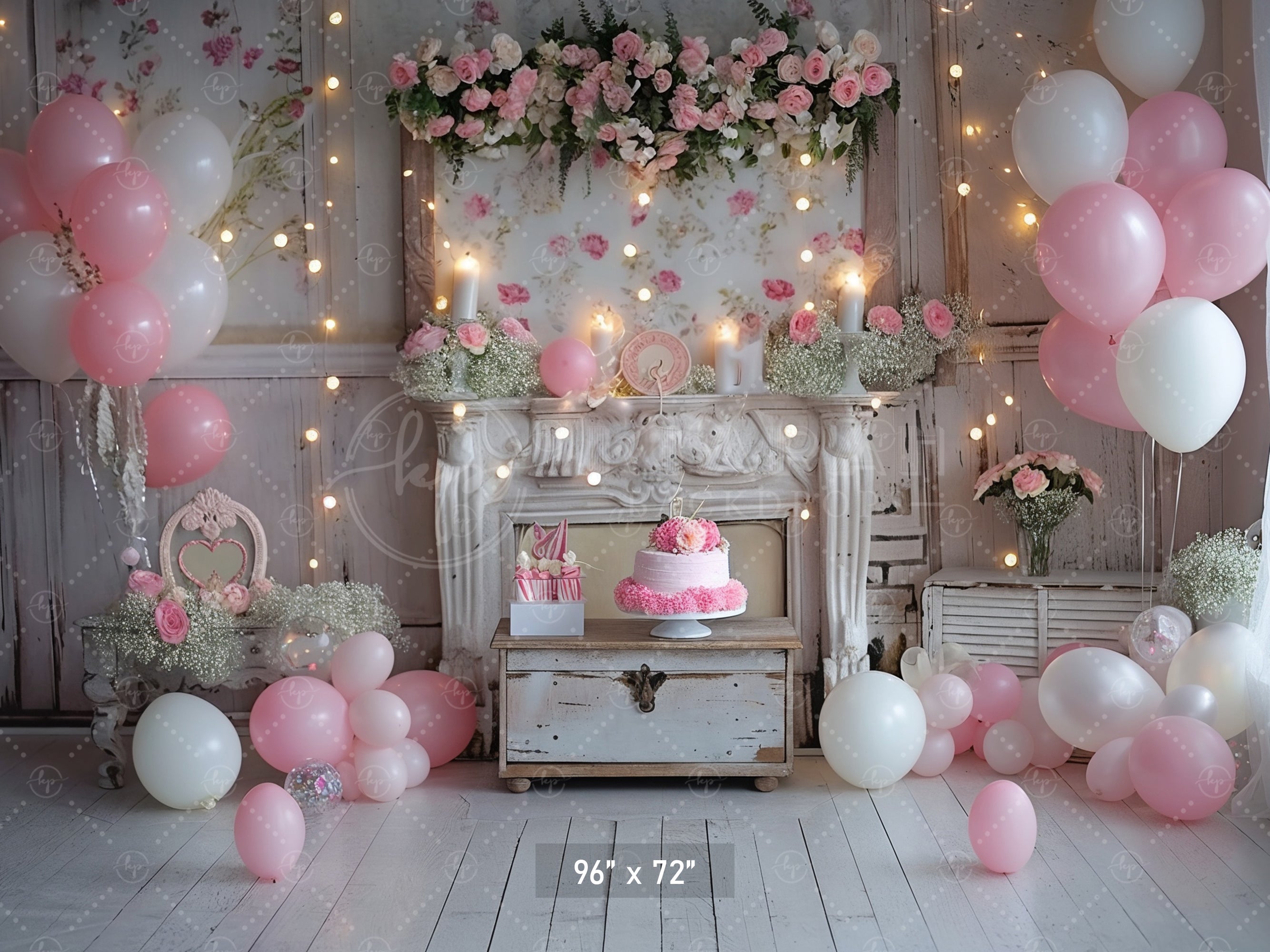 Romantic Pink Floral Fireplace Backdrop