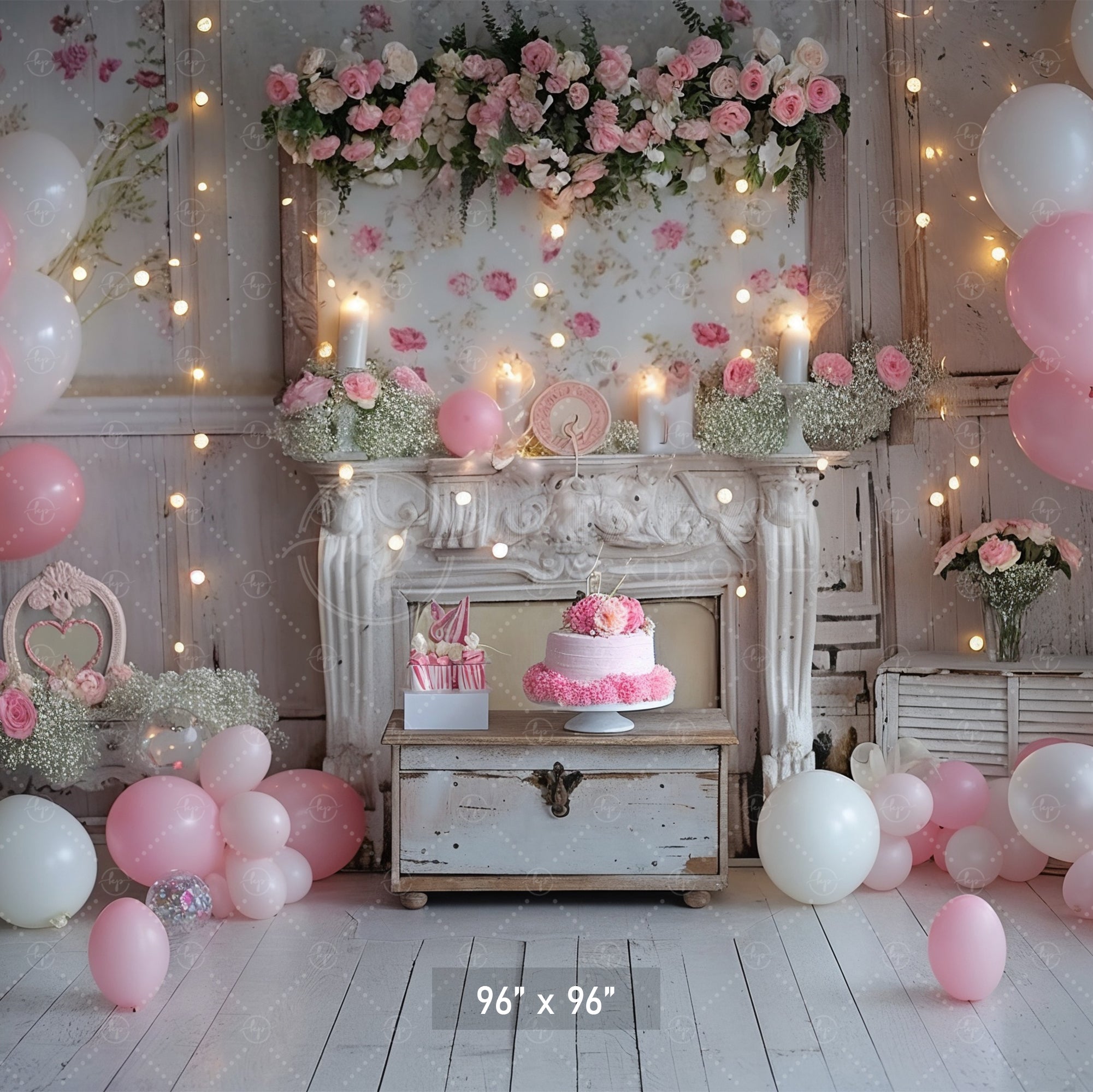 Romantic Pink Floral Fireplace Backdrop