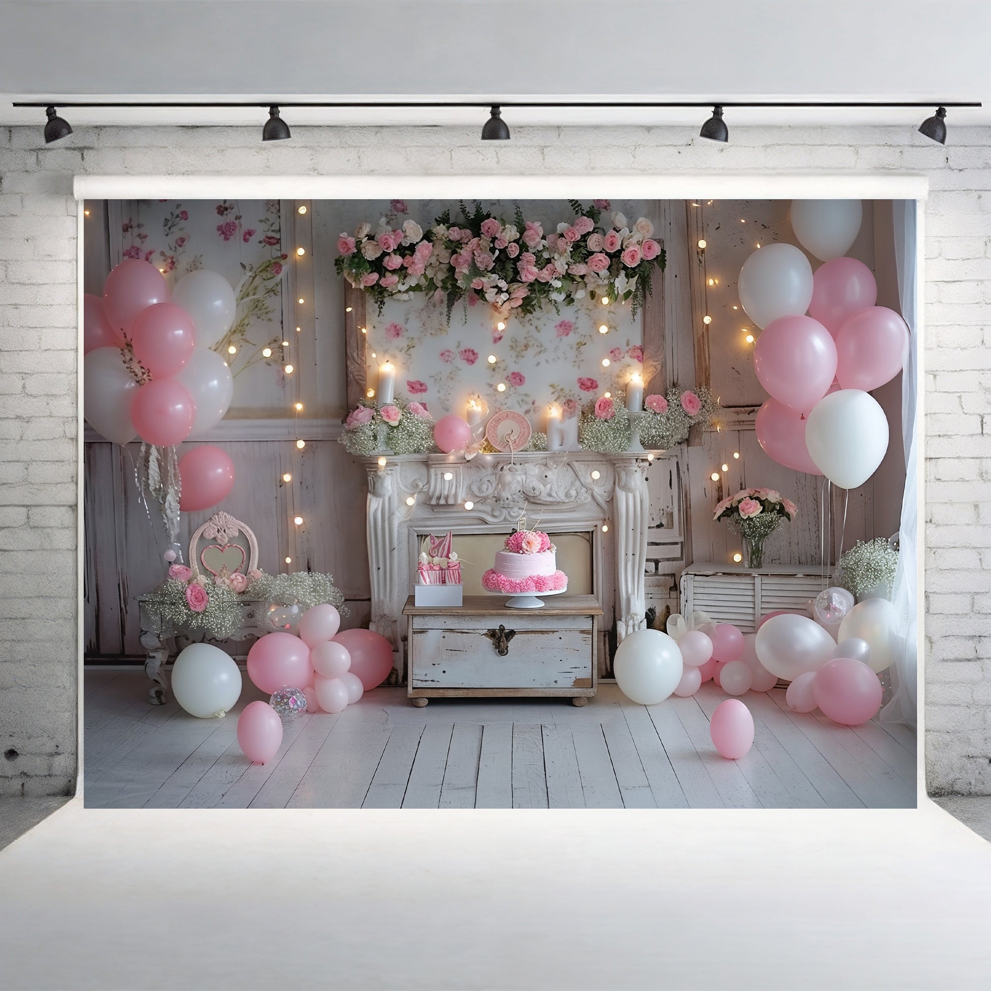 Romantic Pink Floral Fireplace Backdrop