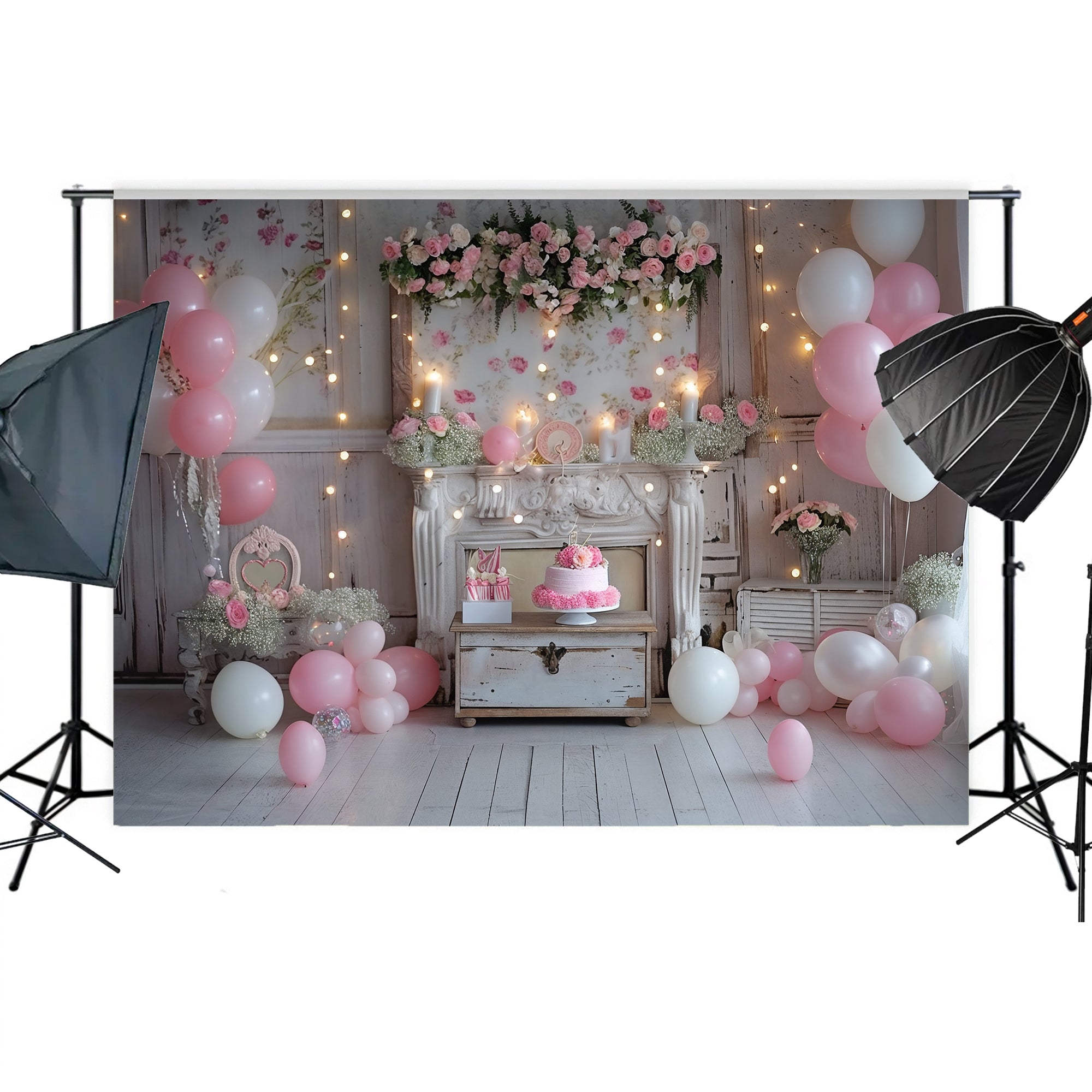 Romantic Pink Floral Fireplace Backdrop
