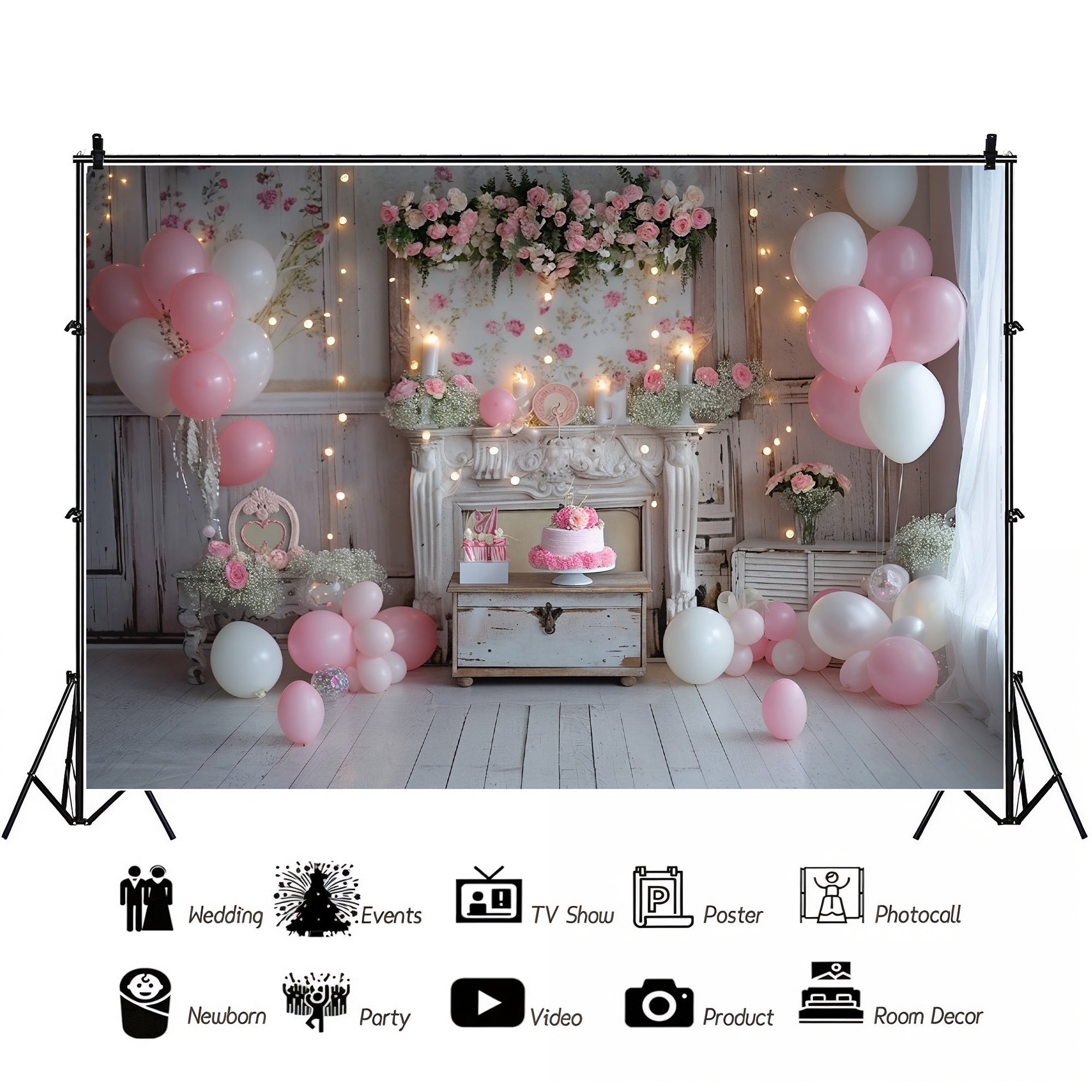 Romantic Pink Floral Fireplace Backdrop