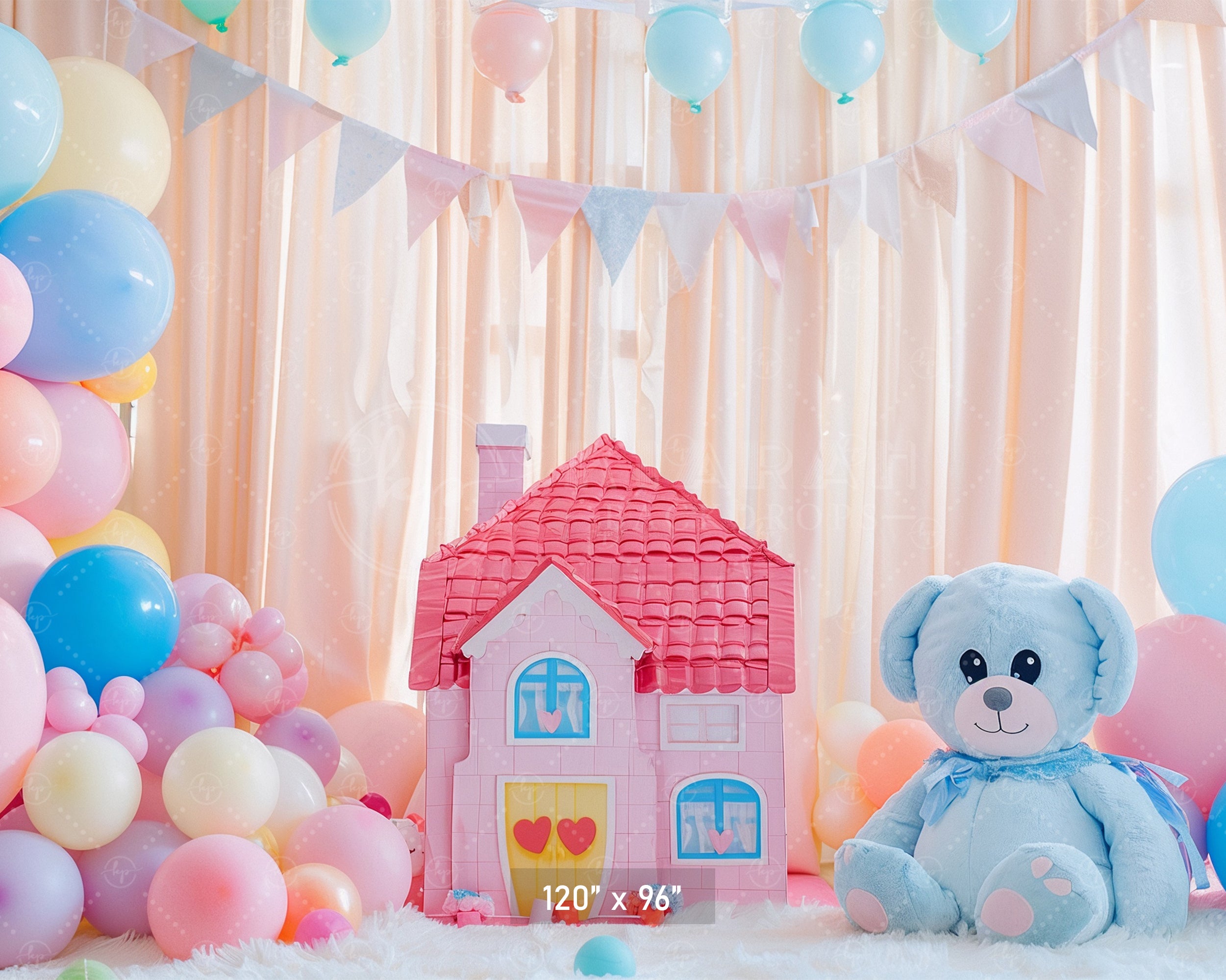 Pastel Teddy Bear House Backdrop