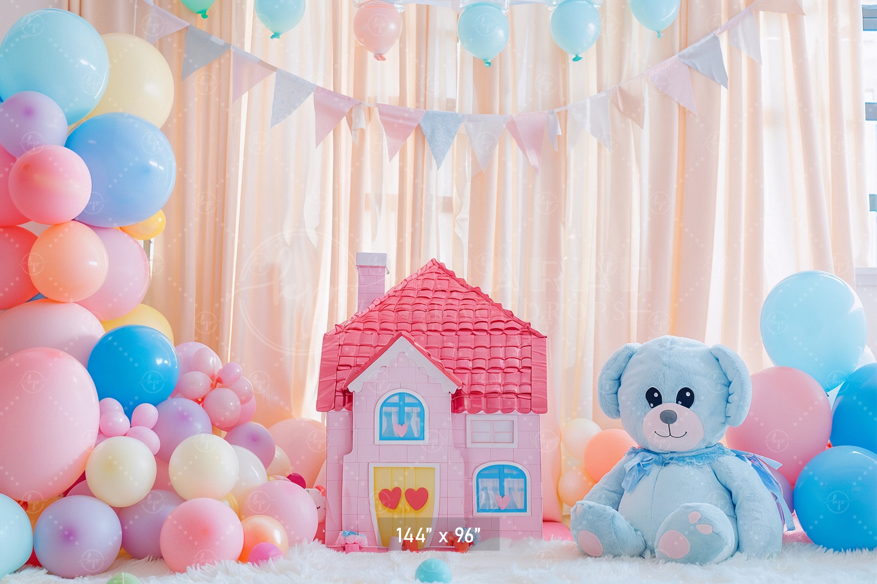 Pastel Teddy Bear House Backdrop