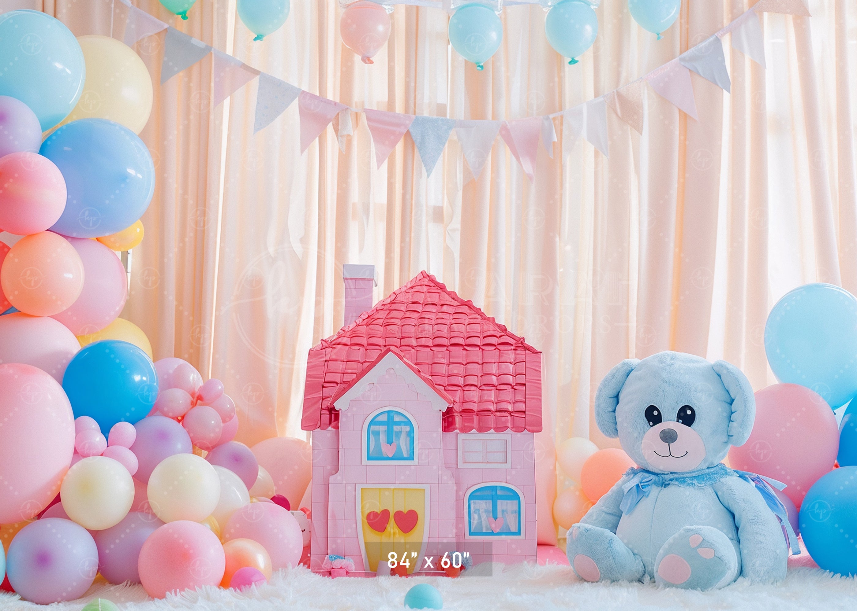 Pastel Teddy Bear House Backdrop