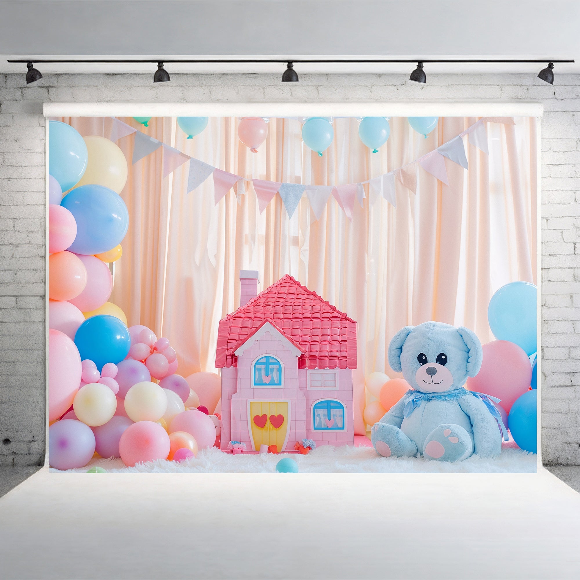 Pastel Teddy Bear House Backdrop