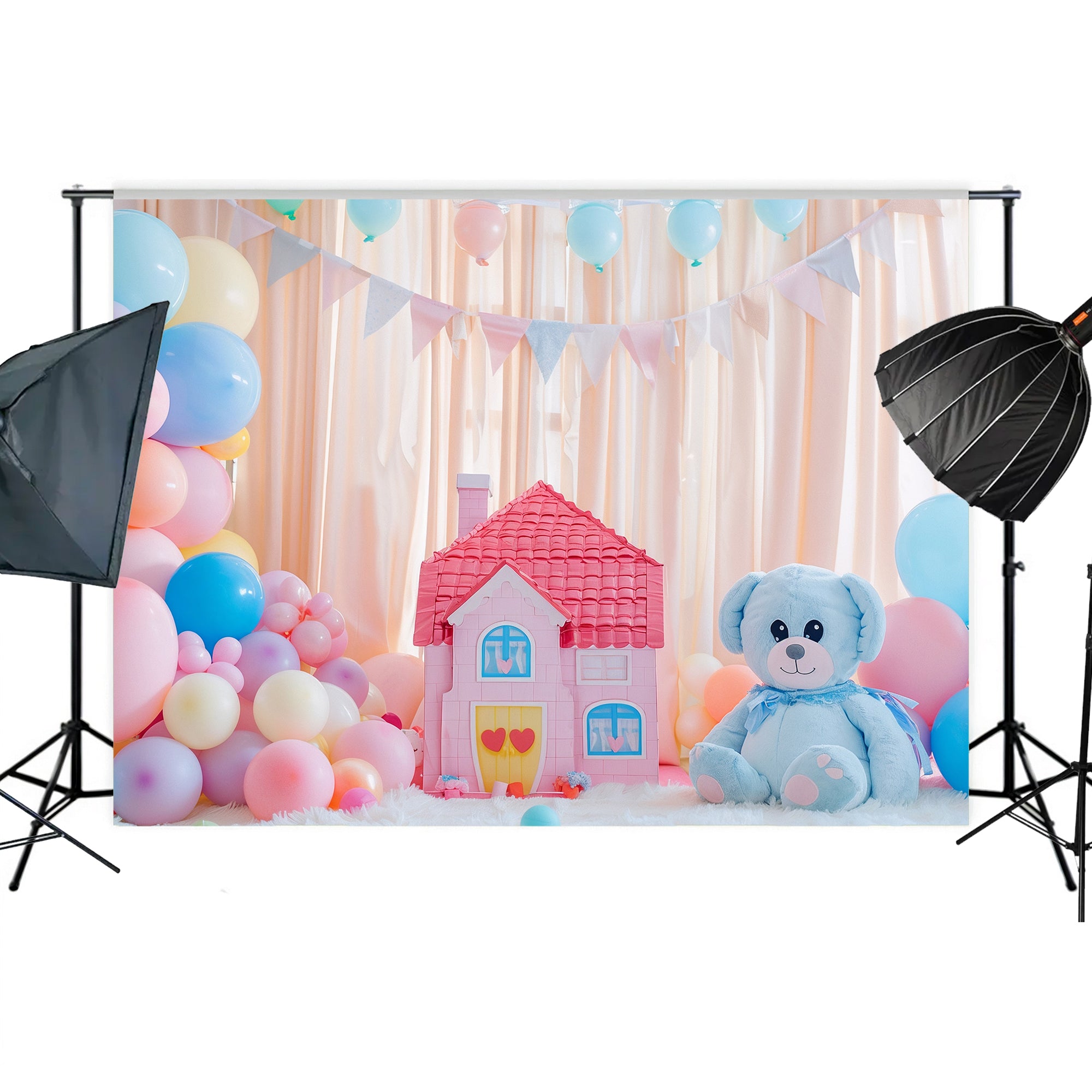 Pastel Teddy Bear House Backdrop