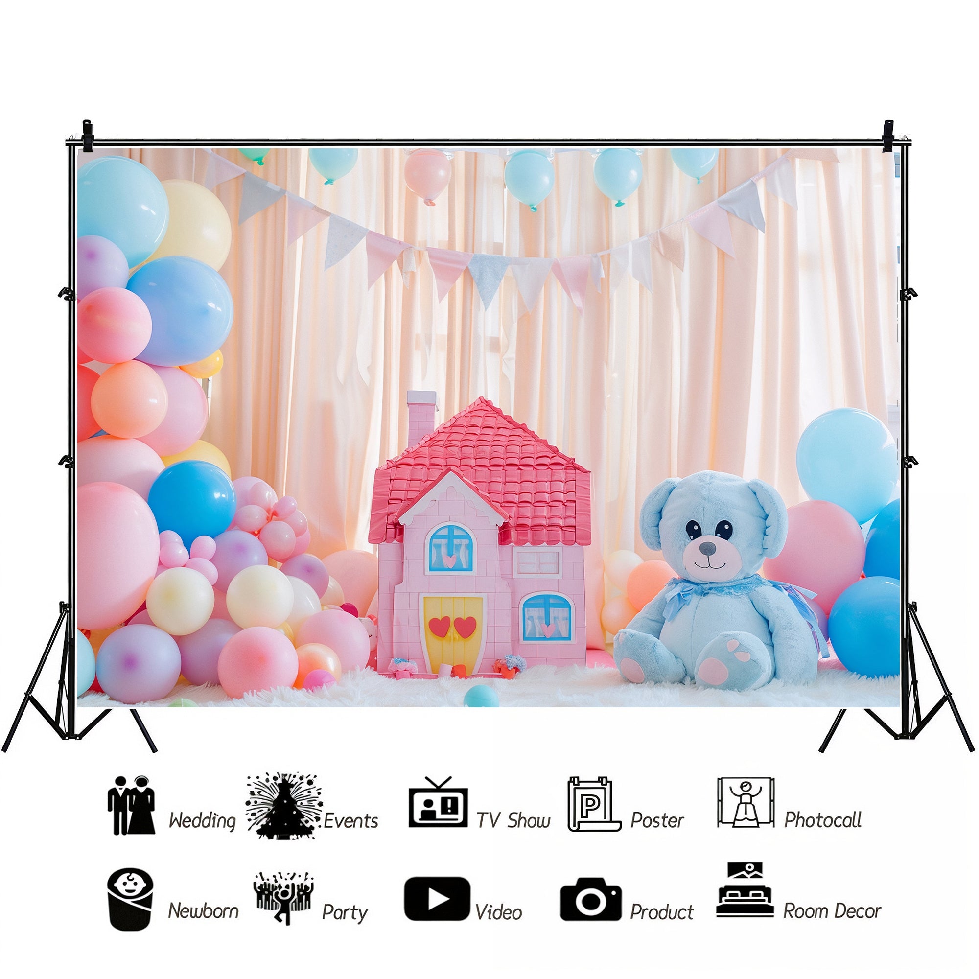 Pastel Teddy Bear House Backdrop