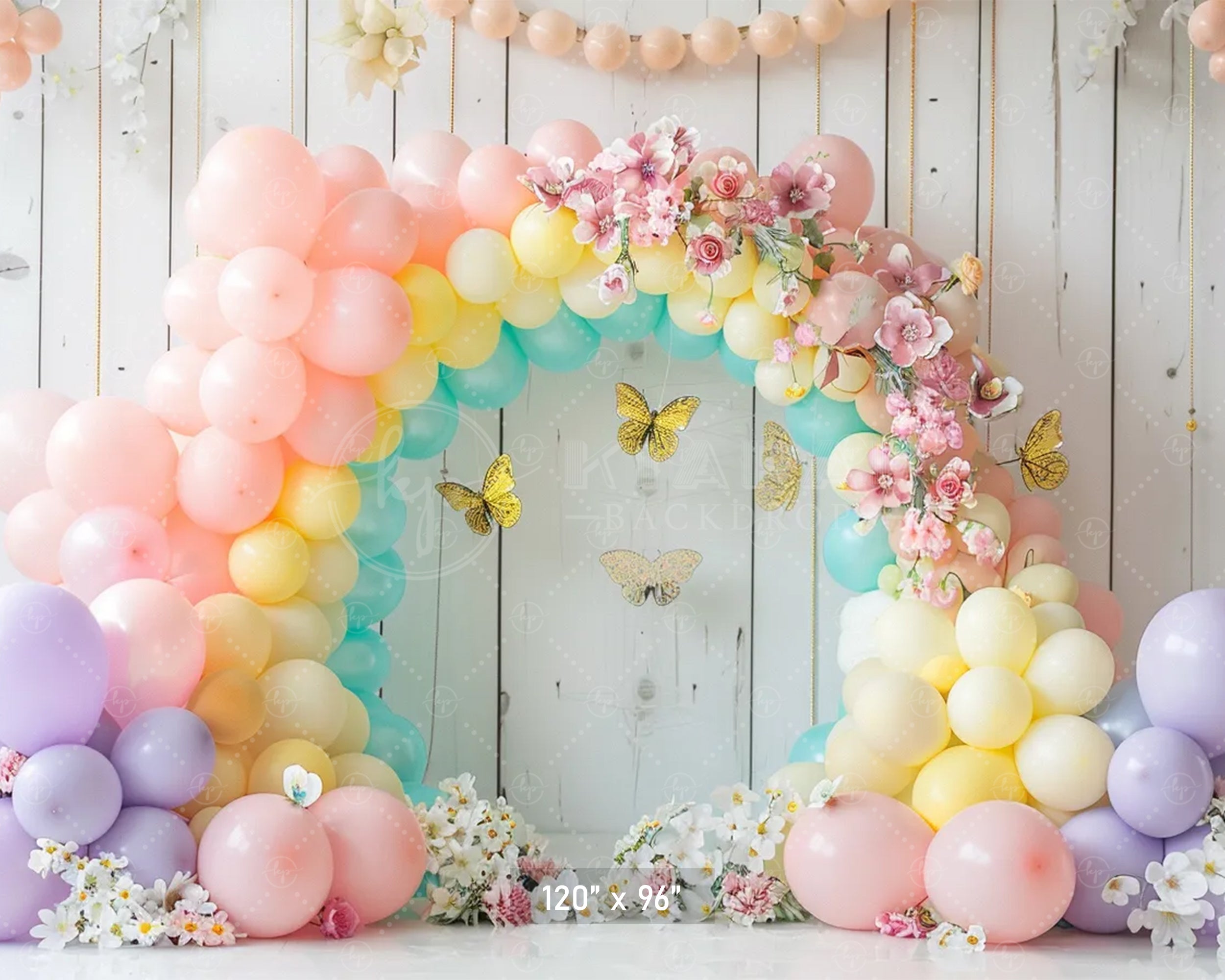 Pastel Balloon Floral Arch with Butterflies Backdrop