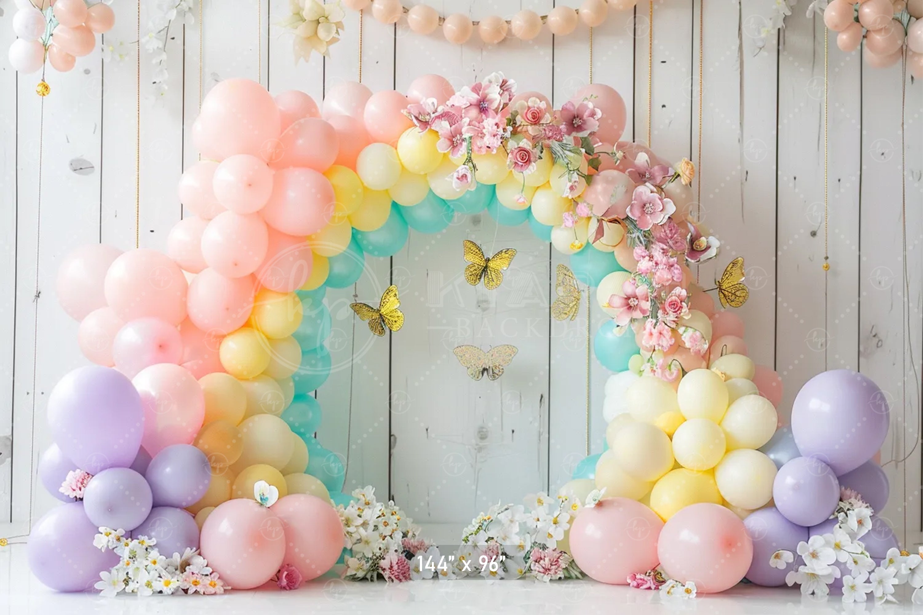 Pastel Balloon Floral Arch with Butterflies Backdrop