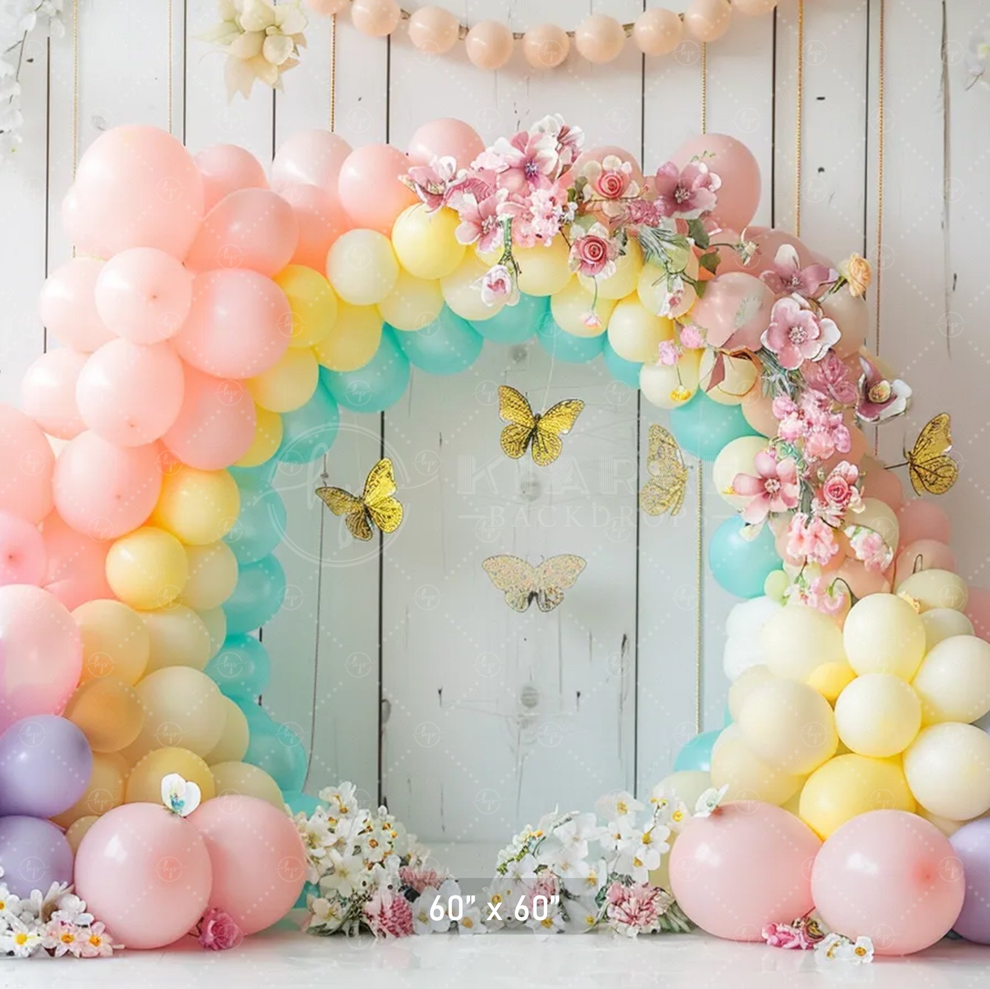 Pastel Balloon Floral Arch with Butterflies Backdrop