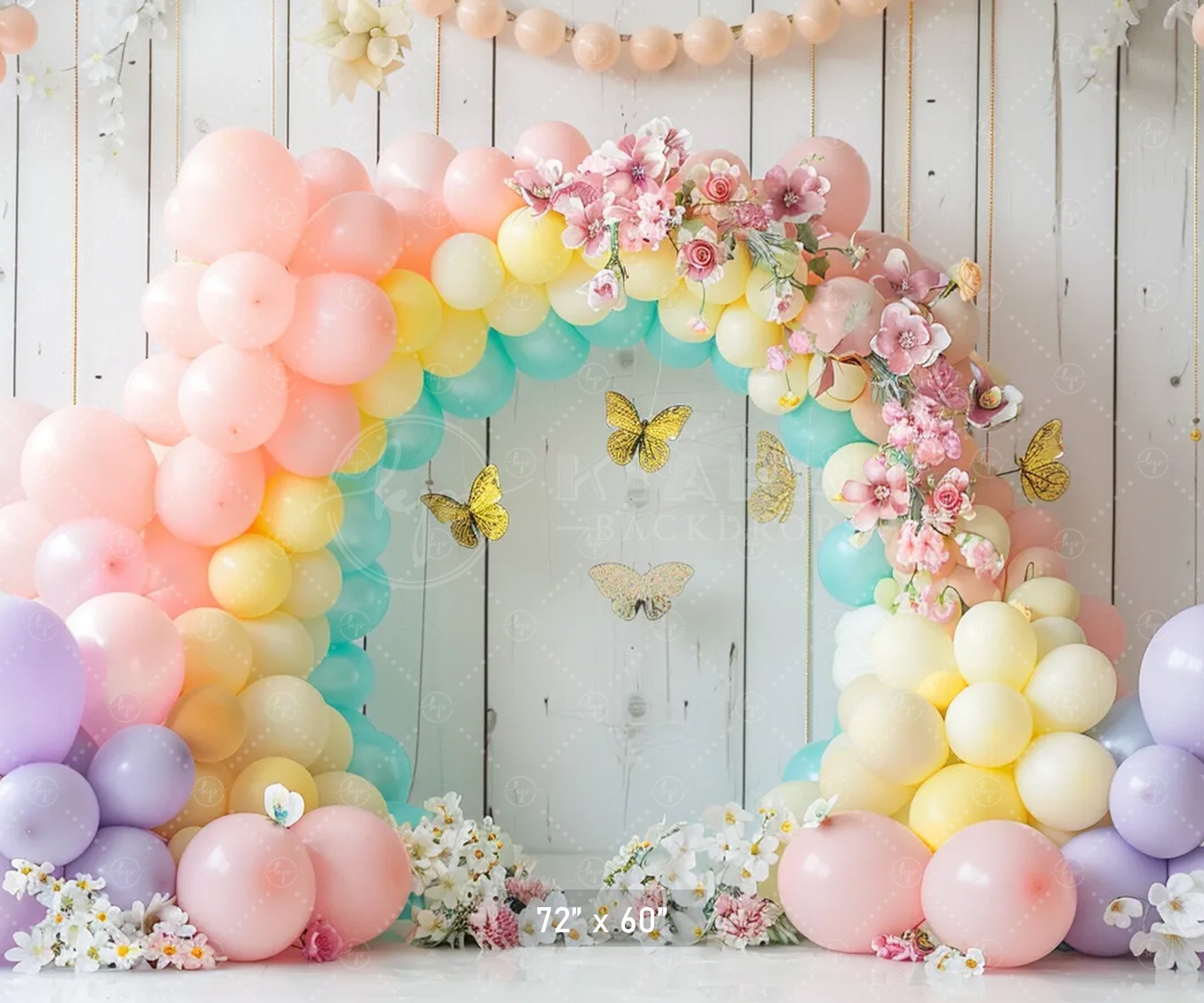 Pastel Balloon Floral Arch with Butterflies Backdrop