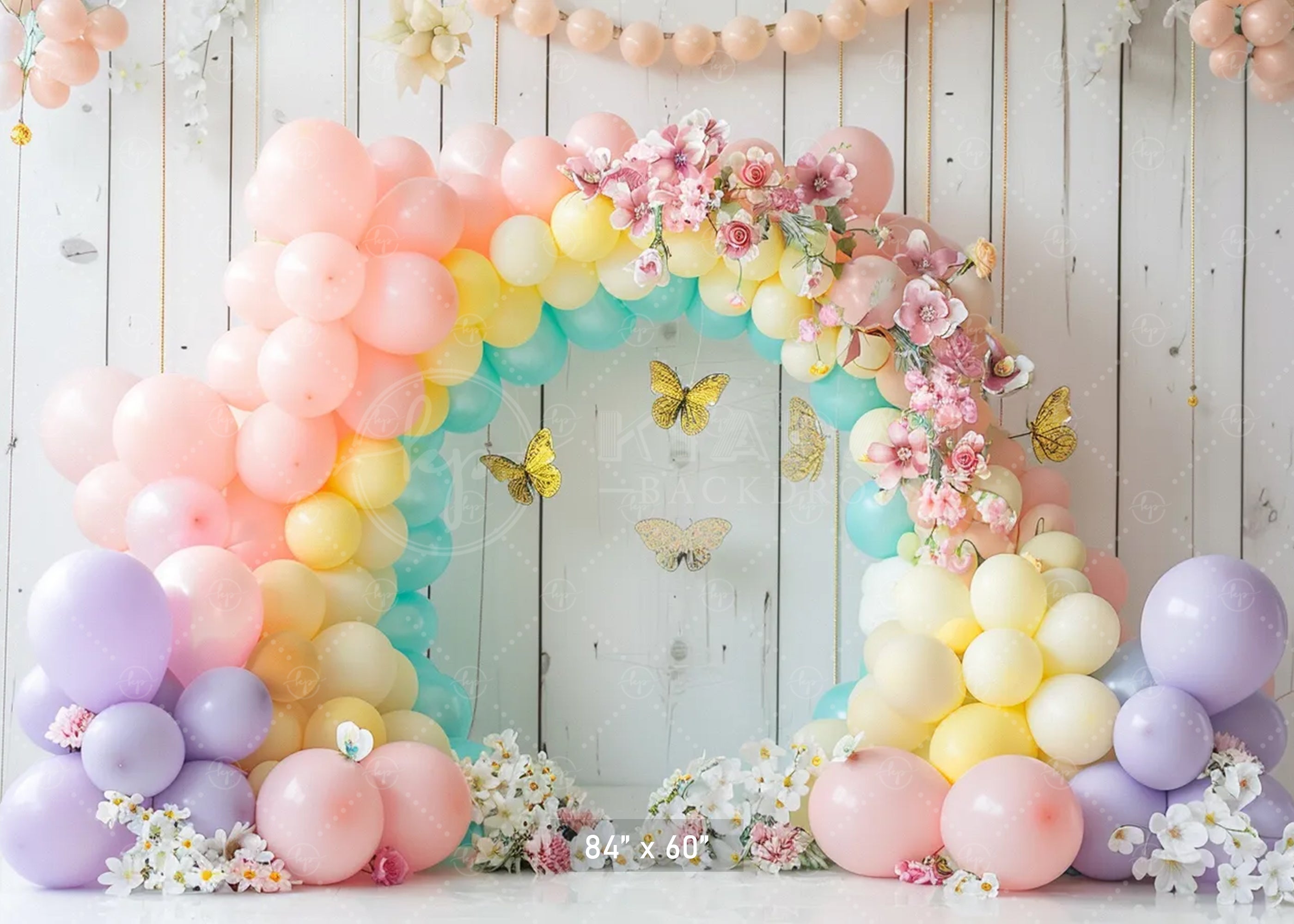 Pastel Balloon Floral Arch with Butterflies Backdrop