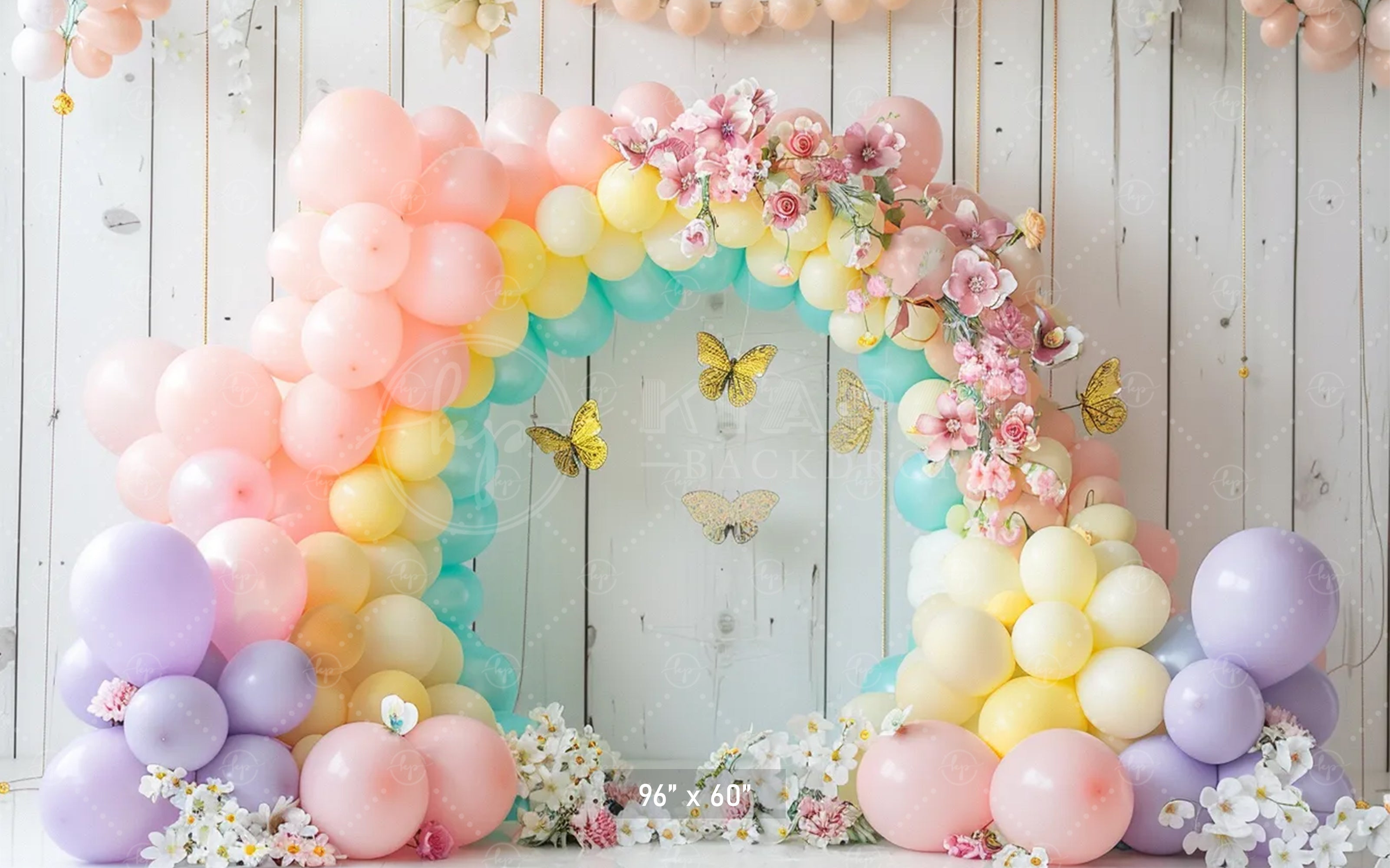 Pastel Balloon Floral Arch with Butterflies Backdrop