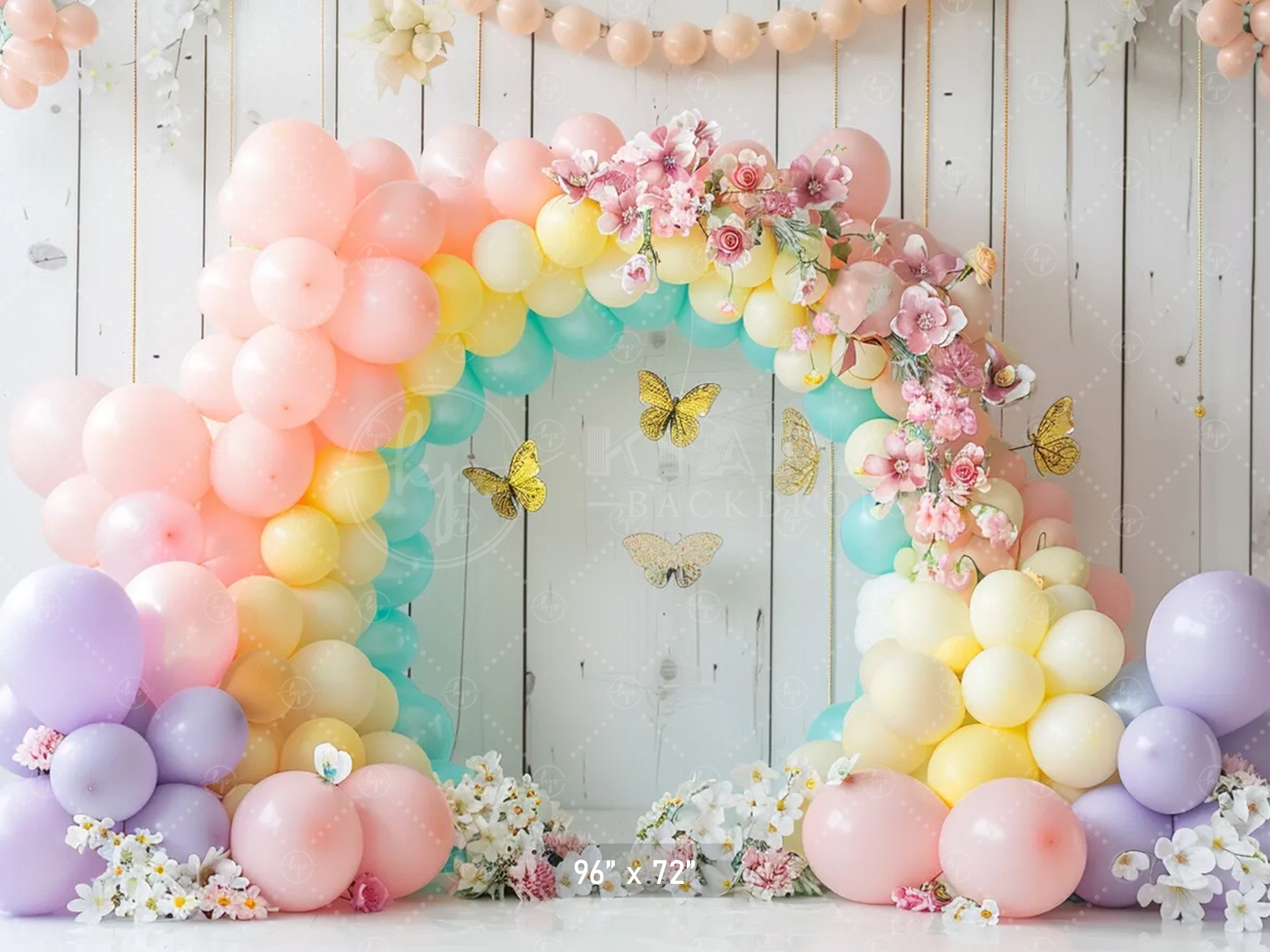 Pastel Balloon Floral Arch with Butterflies Backdrop