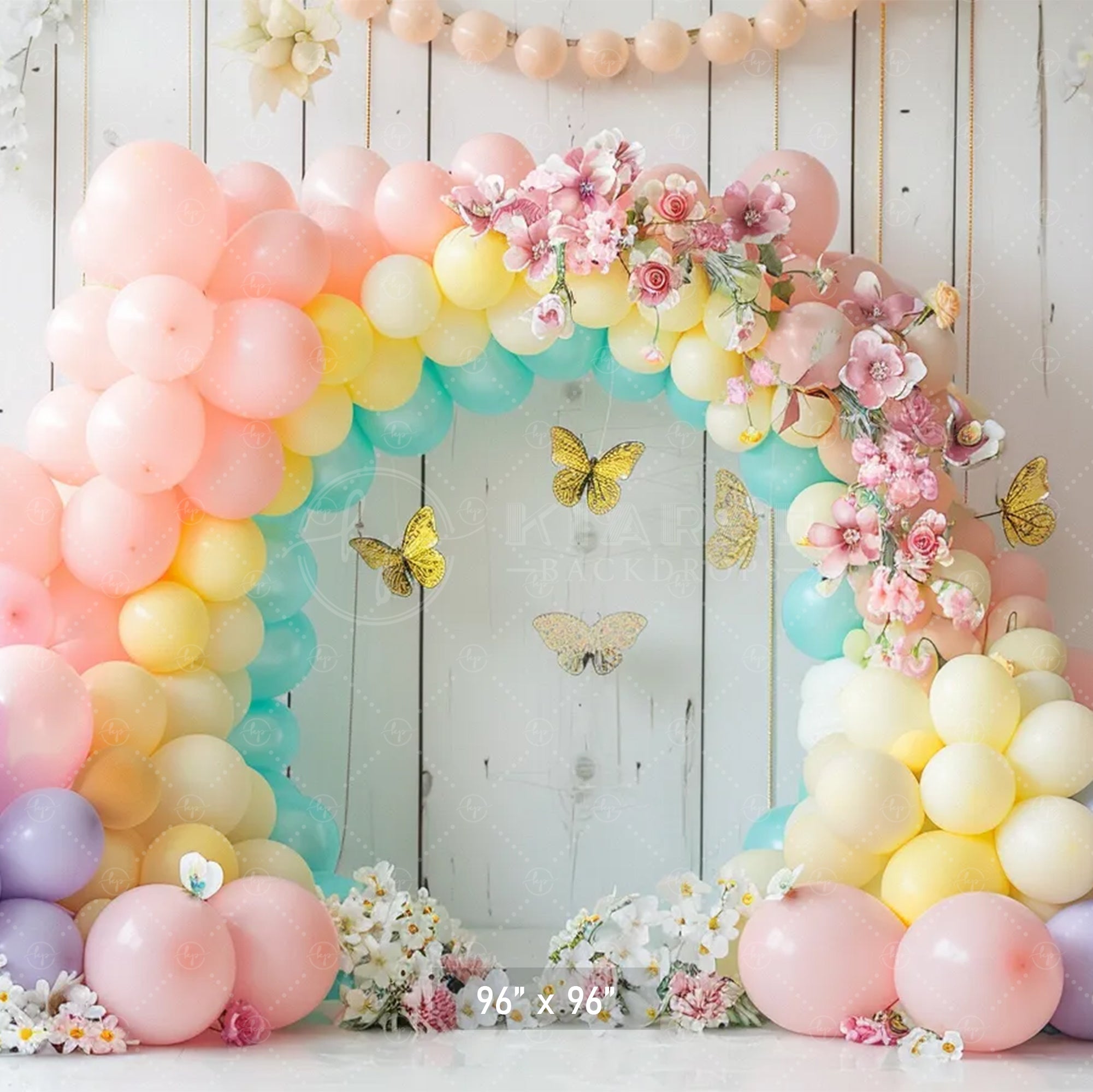 Pastel Balloon Floral Arch with Butterflies Backdrop