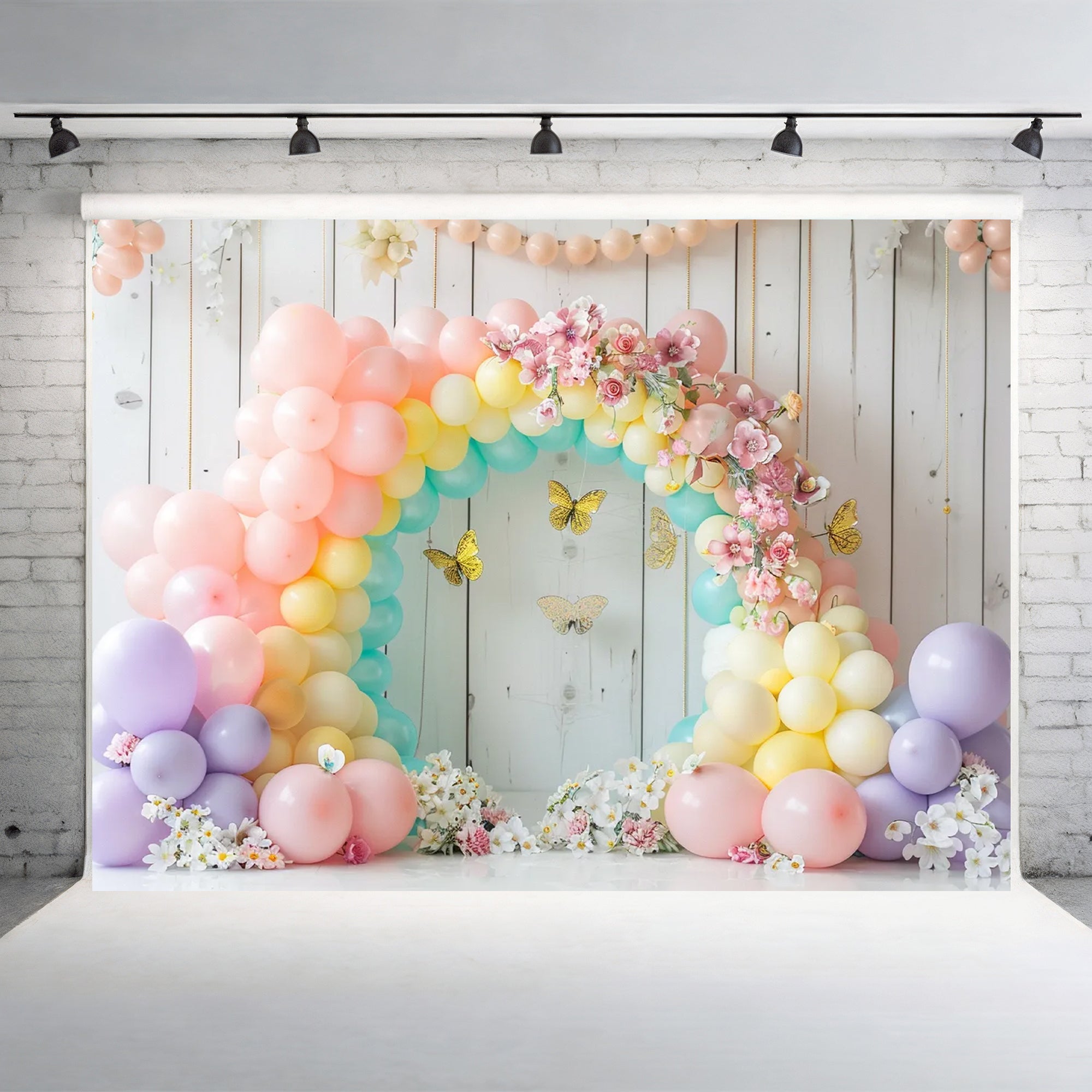 Pastel Balloon Floral Arch with Butterflies Backdrop