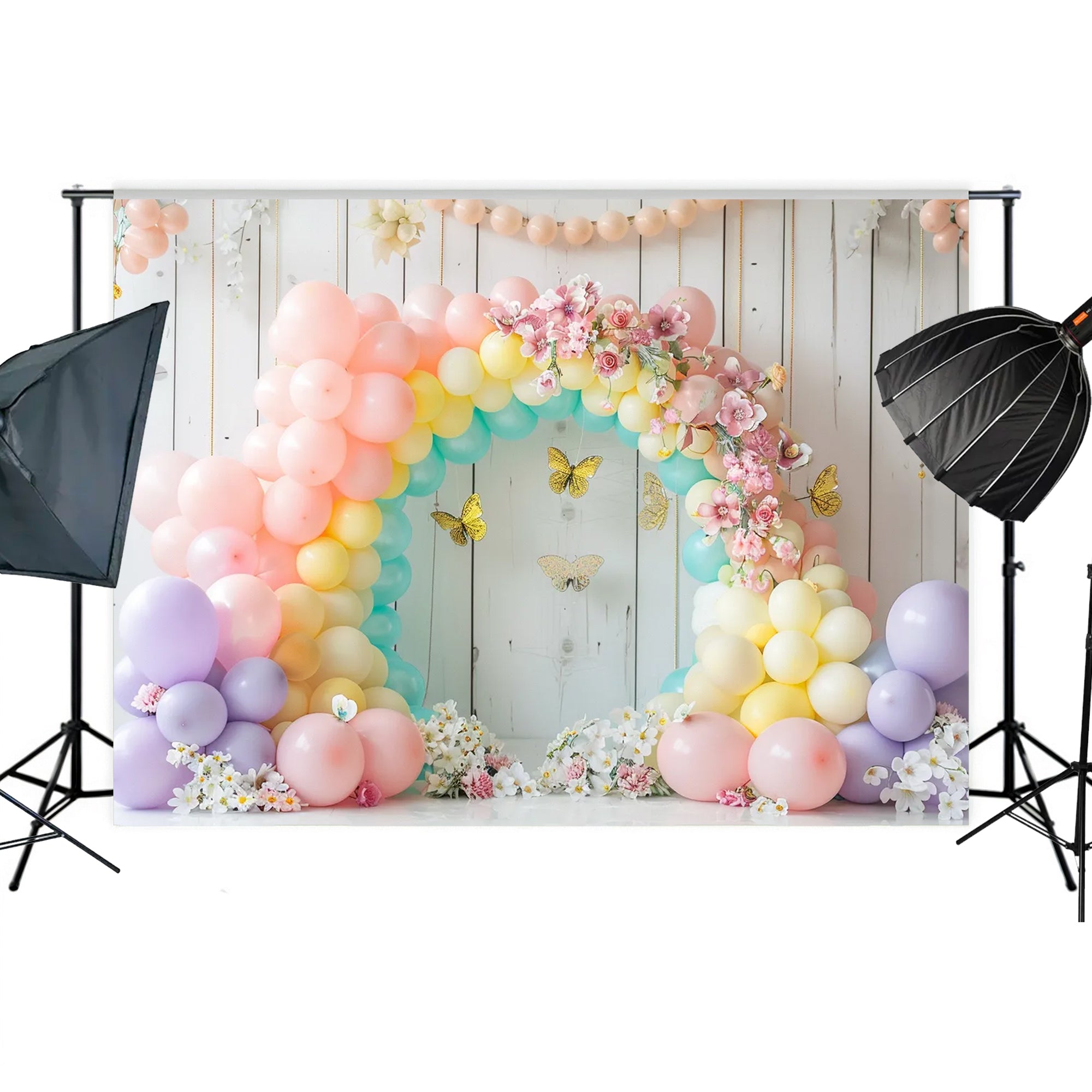 Pastel Balloon Floral Arch with Butterflies Backdrop