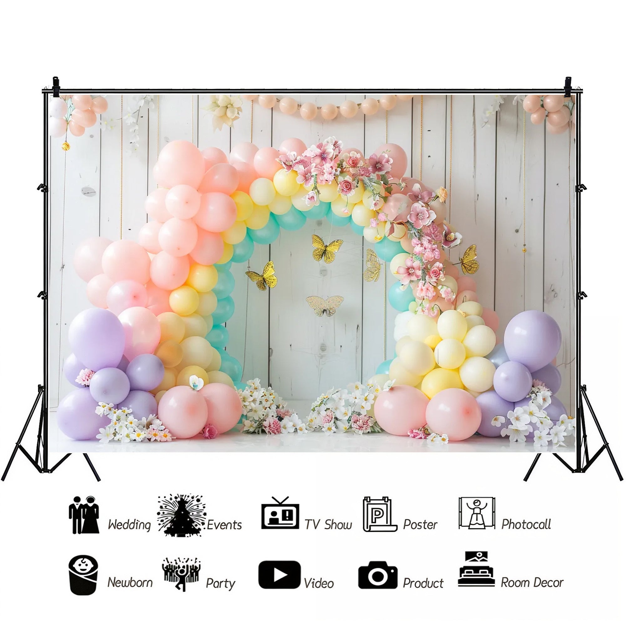 Pastel Balloon Floral Arch with Butterflies Backdrop