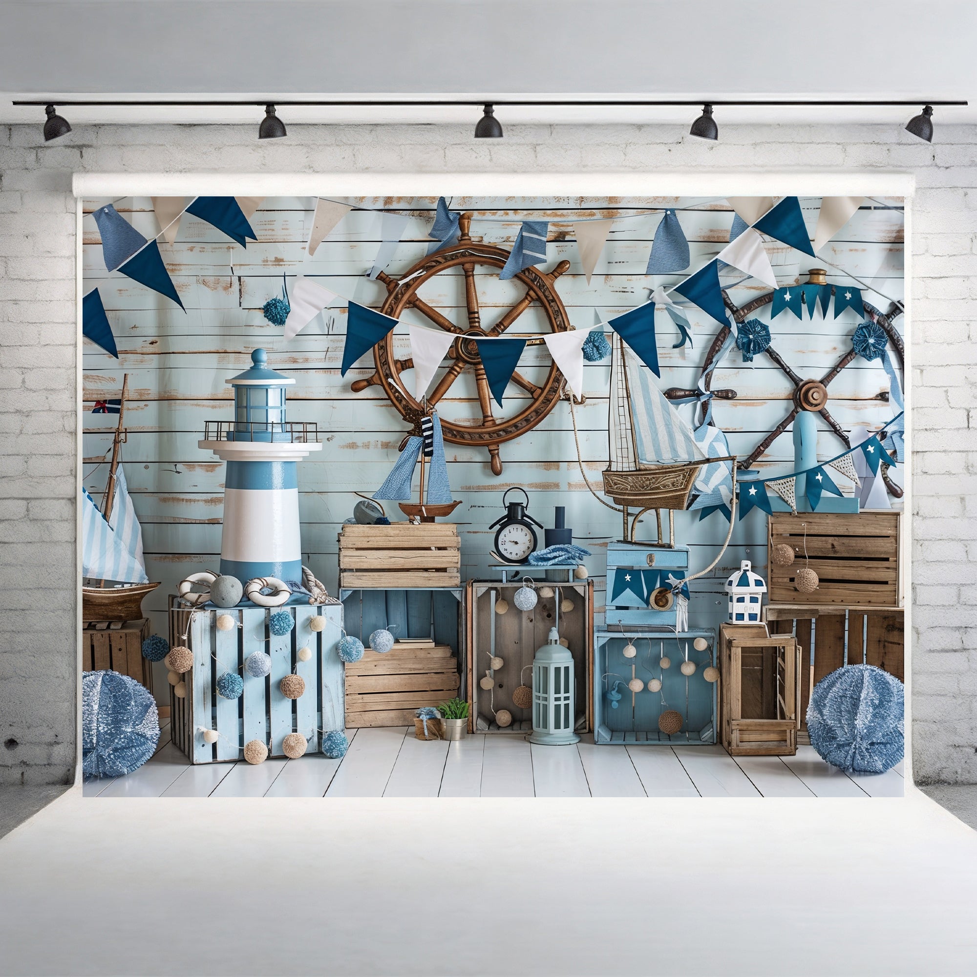 Coastal Lighthouse and Sailboat Backdrop