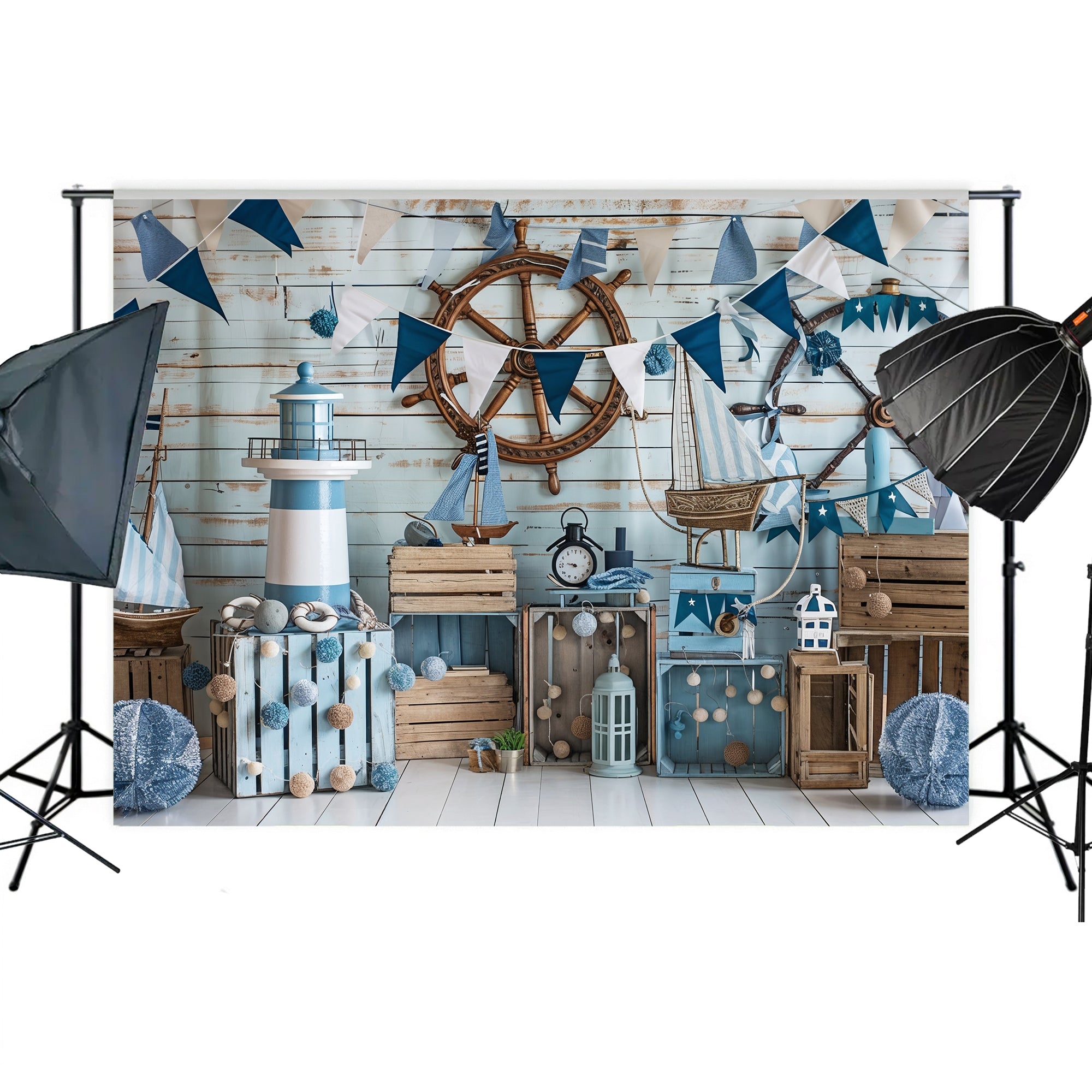 Coastal Lighthouse and Sailboat Backdrop