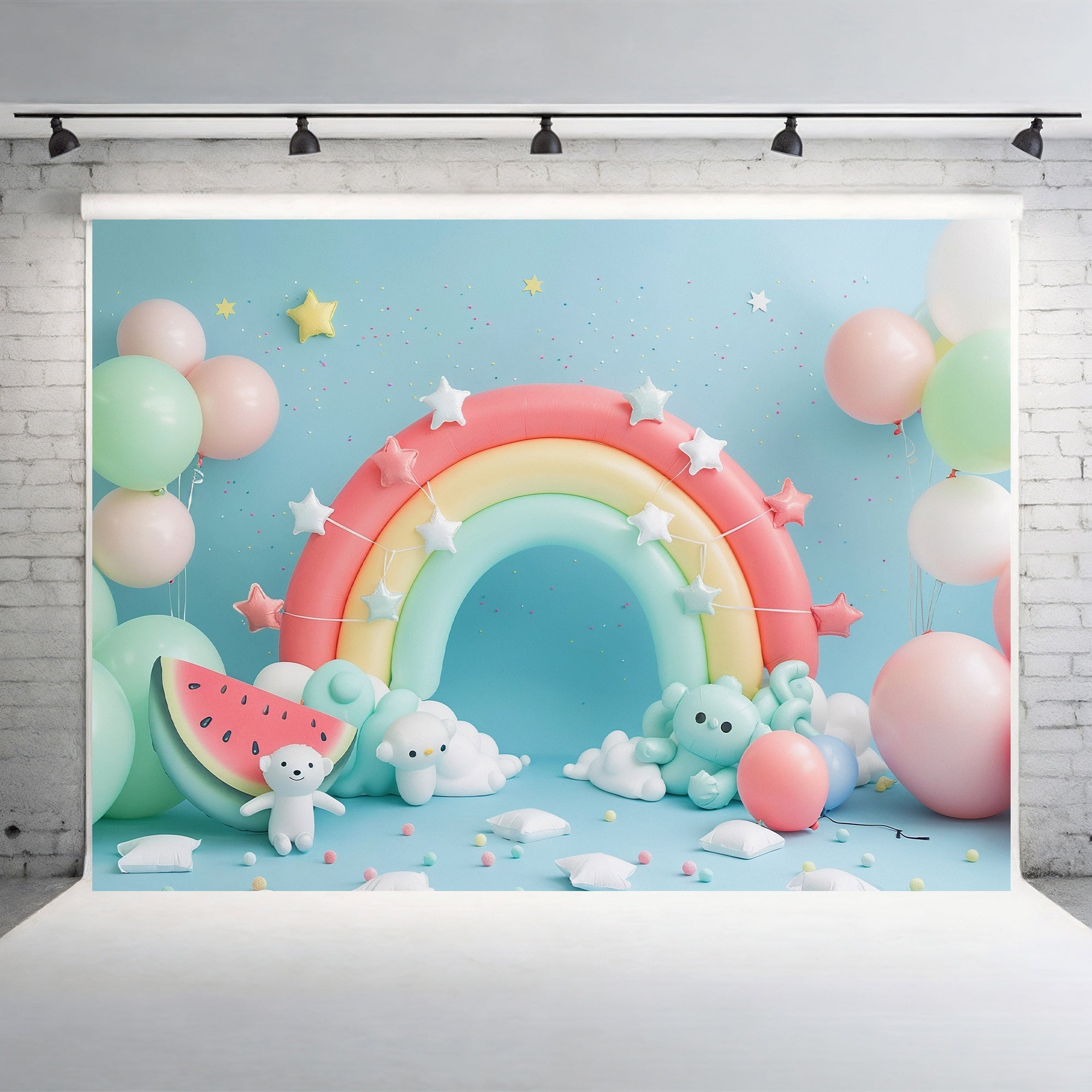 Pastel Rainbow and Starry Bear Backdrop