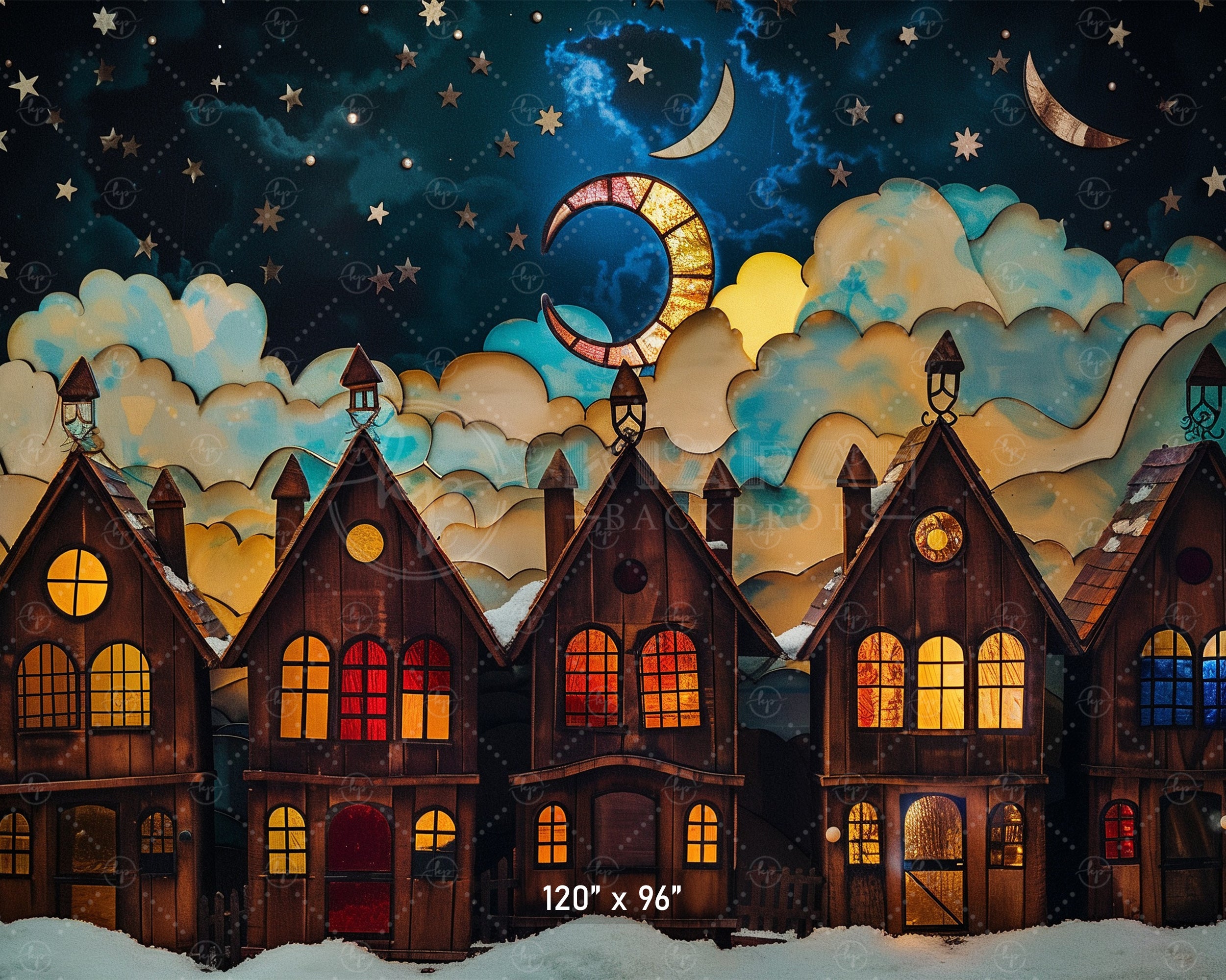 Starlit Winter Village Scene Backdrop