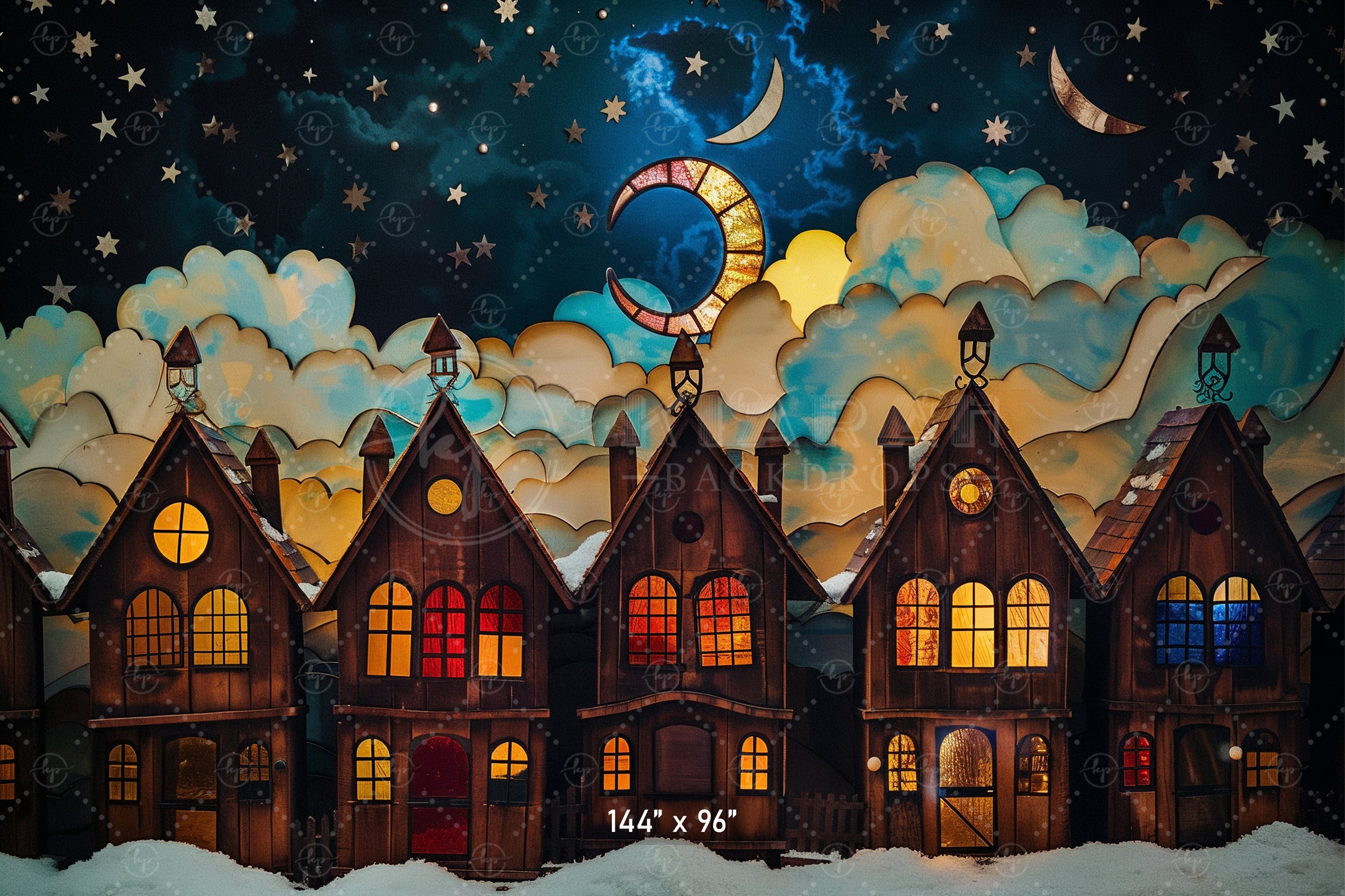 Starlit Winter Village Scene Backdrop